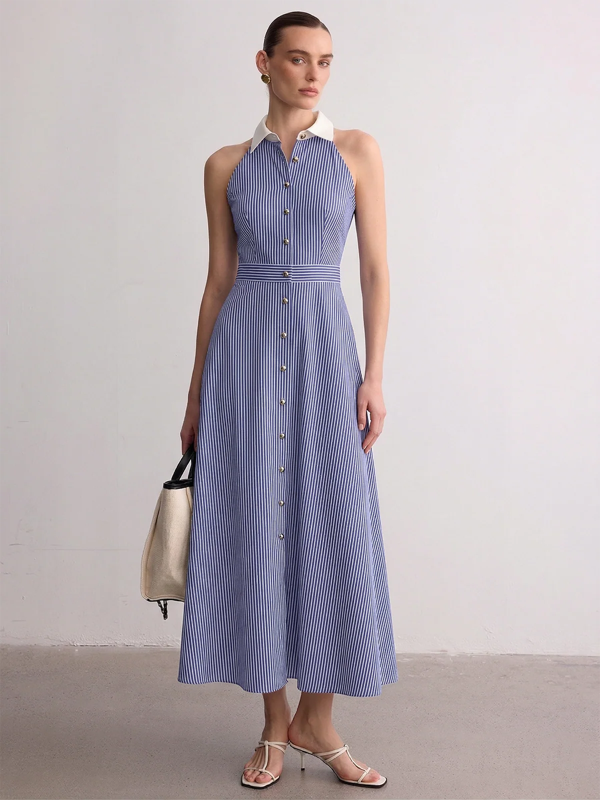 Collared Striped Sleeveless Buttoned Maxi Dress - Image 11