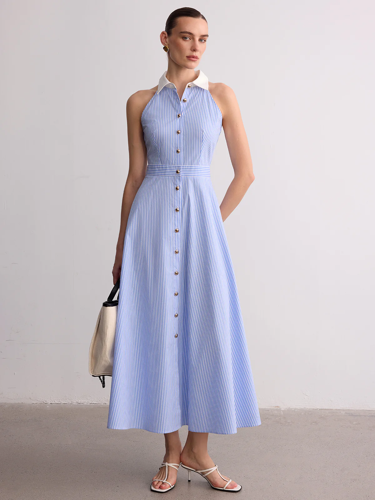 Collared Striped Sleeveless Buttoned Maxi Dress - Image 2