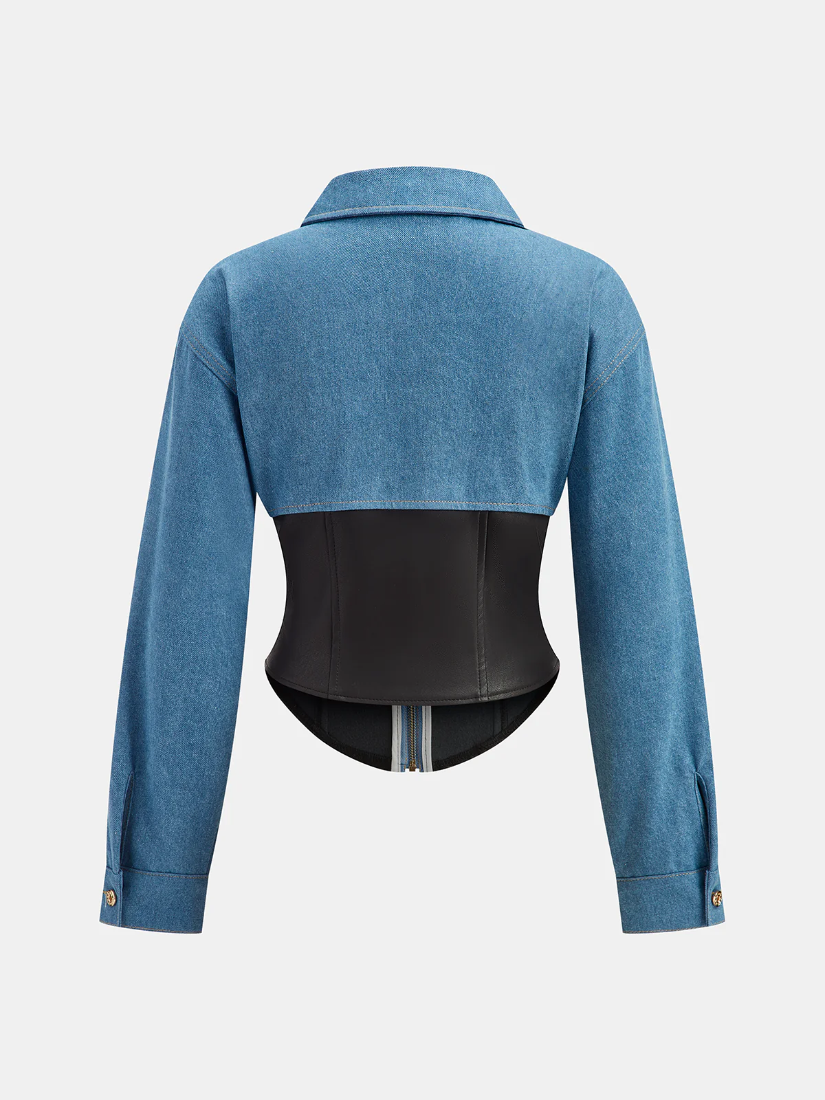 Collared Zip-Up Denim Paneled Corset Jacket - Image 3