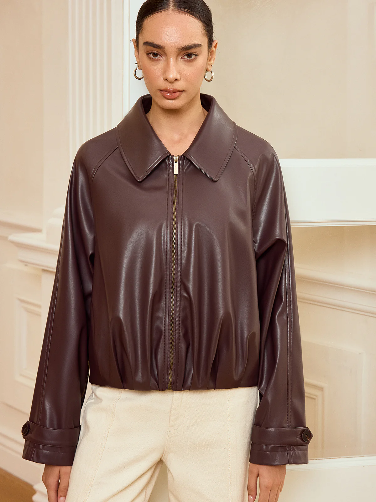 Collared Zip-Up Faux Leather Jacket - Image 3