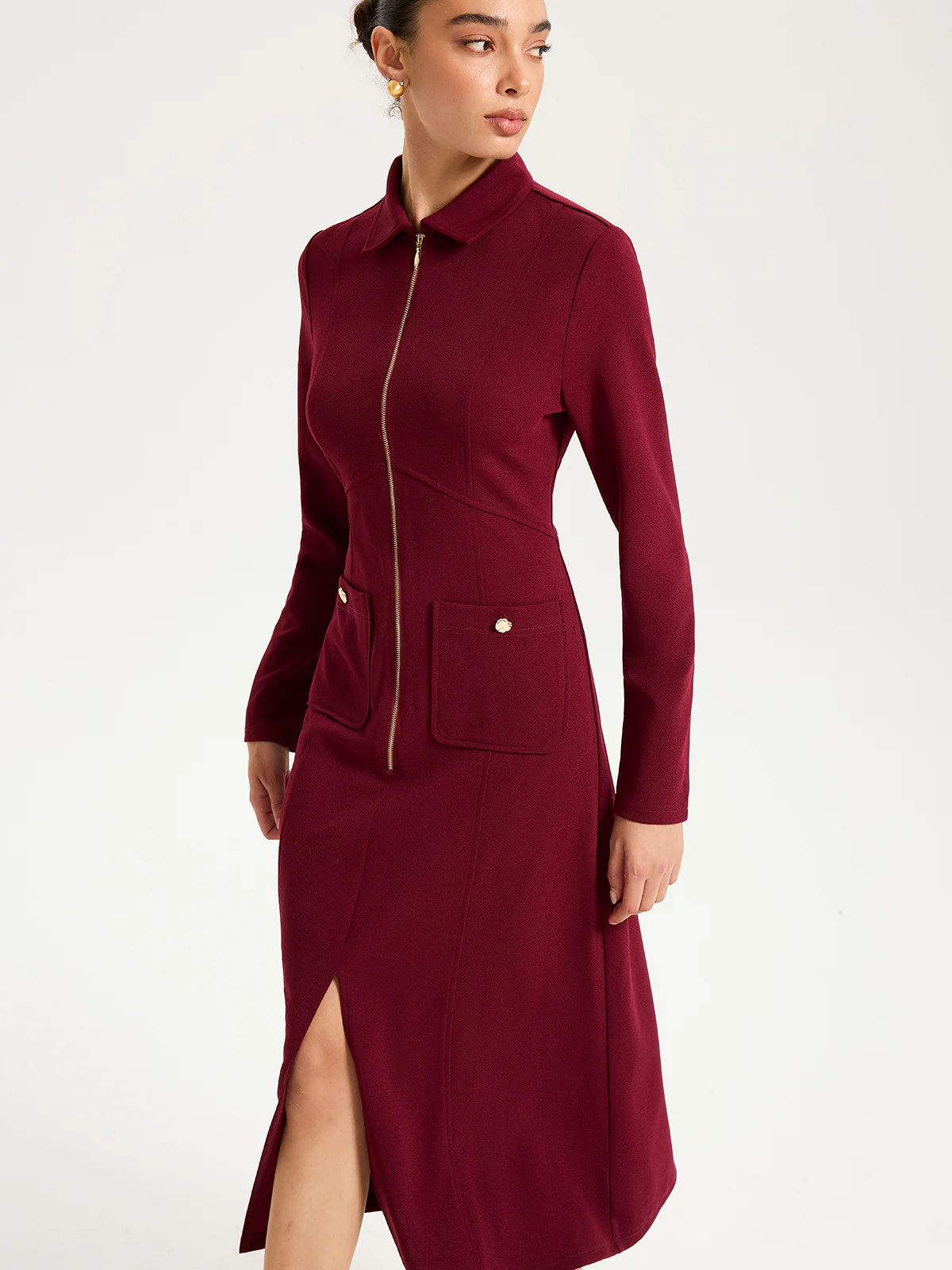 Collared Zipper Slit Midi Dress
