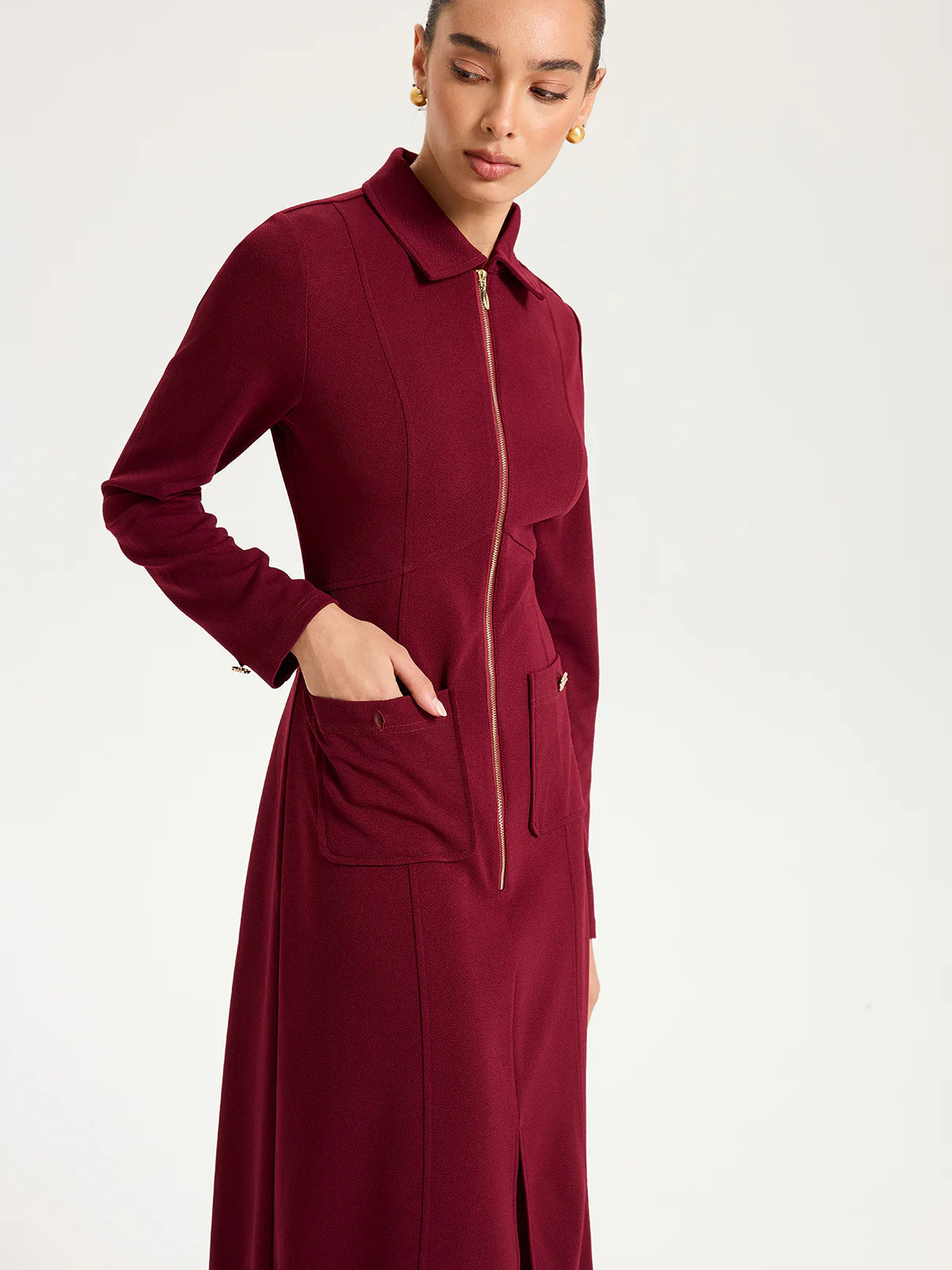 Collared Zipper Slit Midi Dress - Image 3