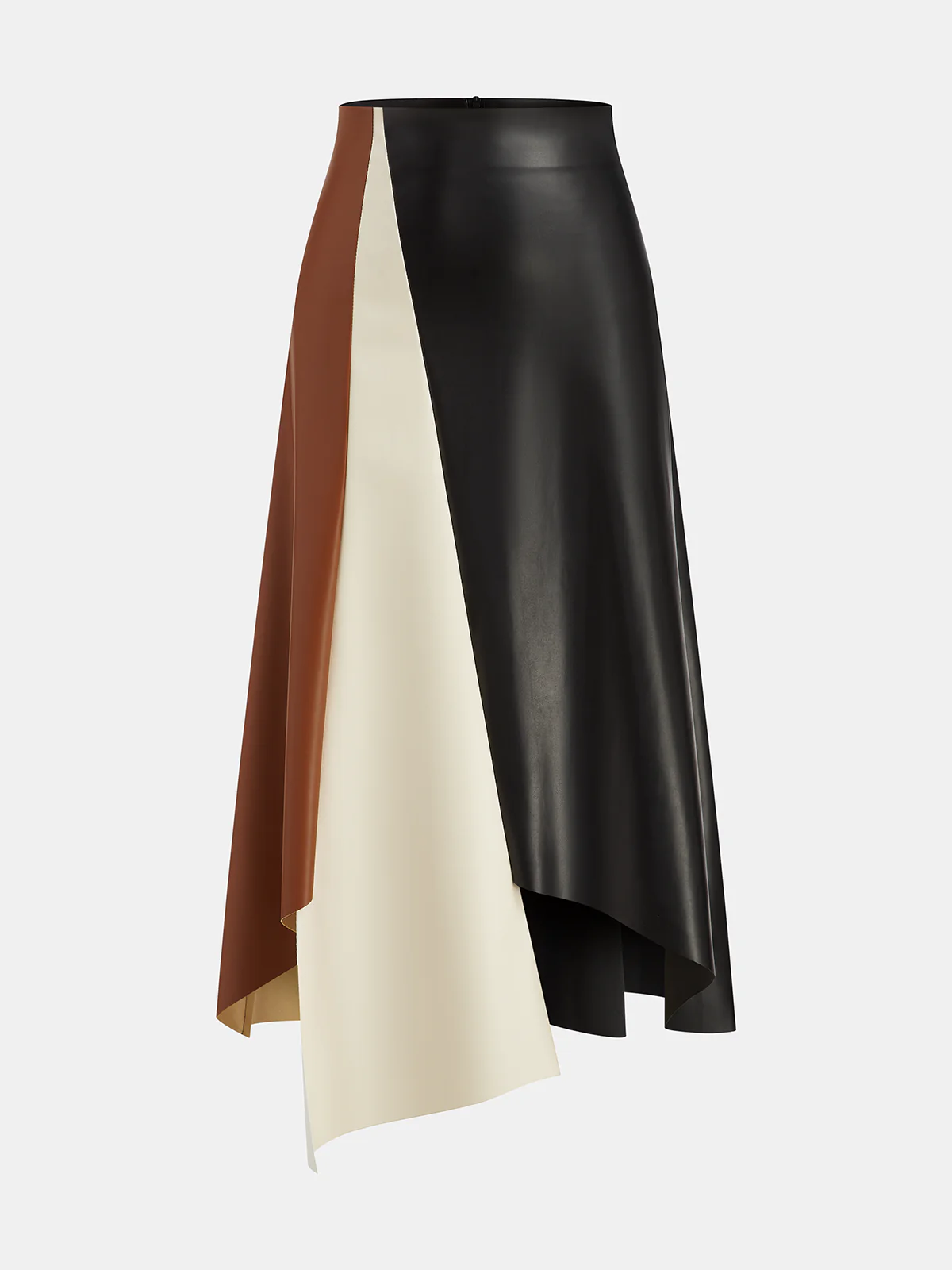 Color Block Asymmetric Faux Leather Midi Skirt