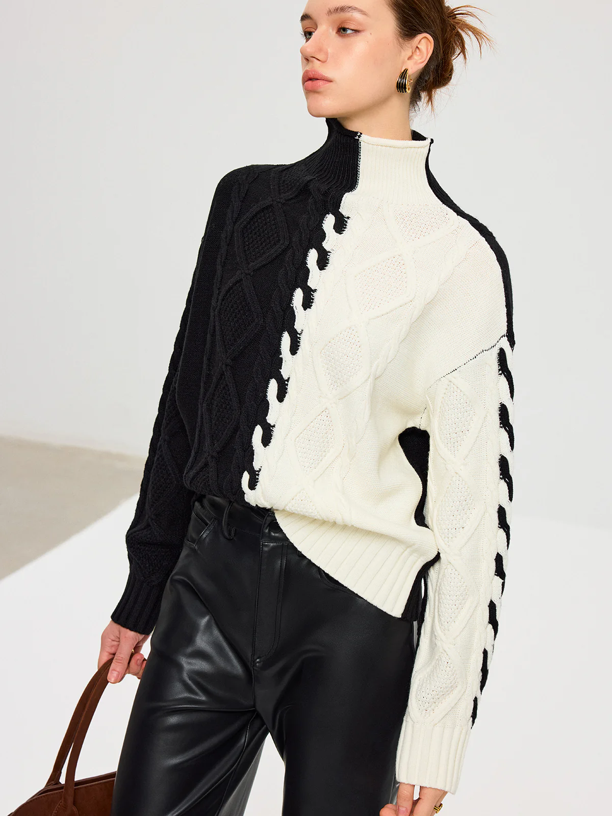 Color-Block Cable Knit Turtleneck Sweater - Image 2