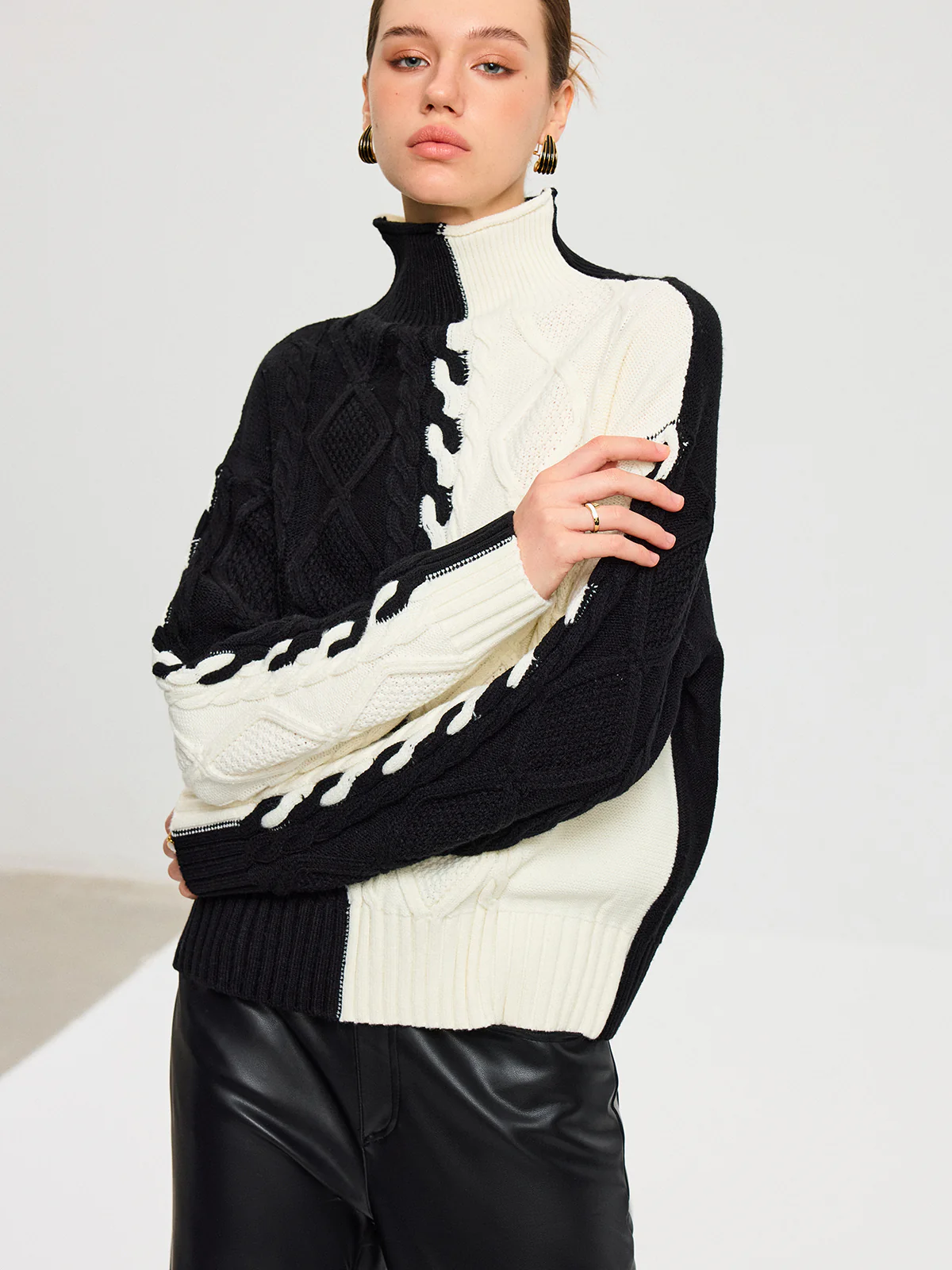 Color-Block Cable Knit Turtleneck Sweater - Image 3