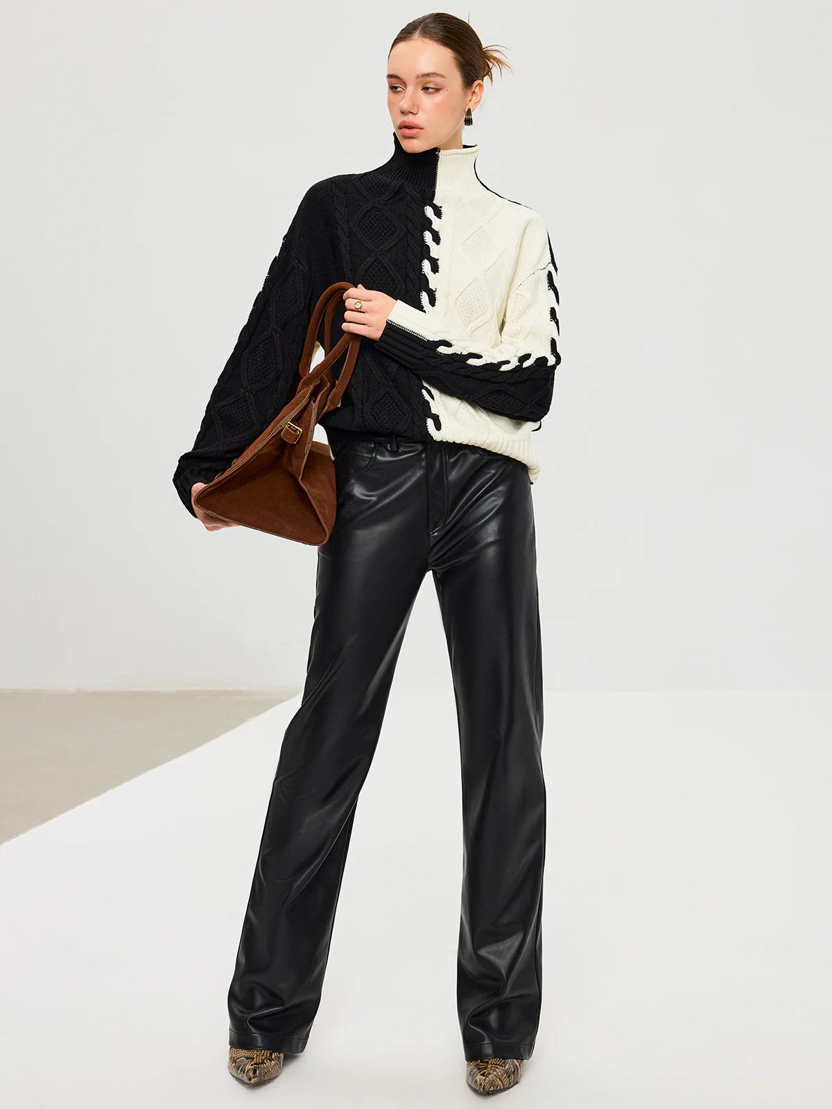 Color-Block Cable Knit Turtleneck Sweater - Image 4