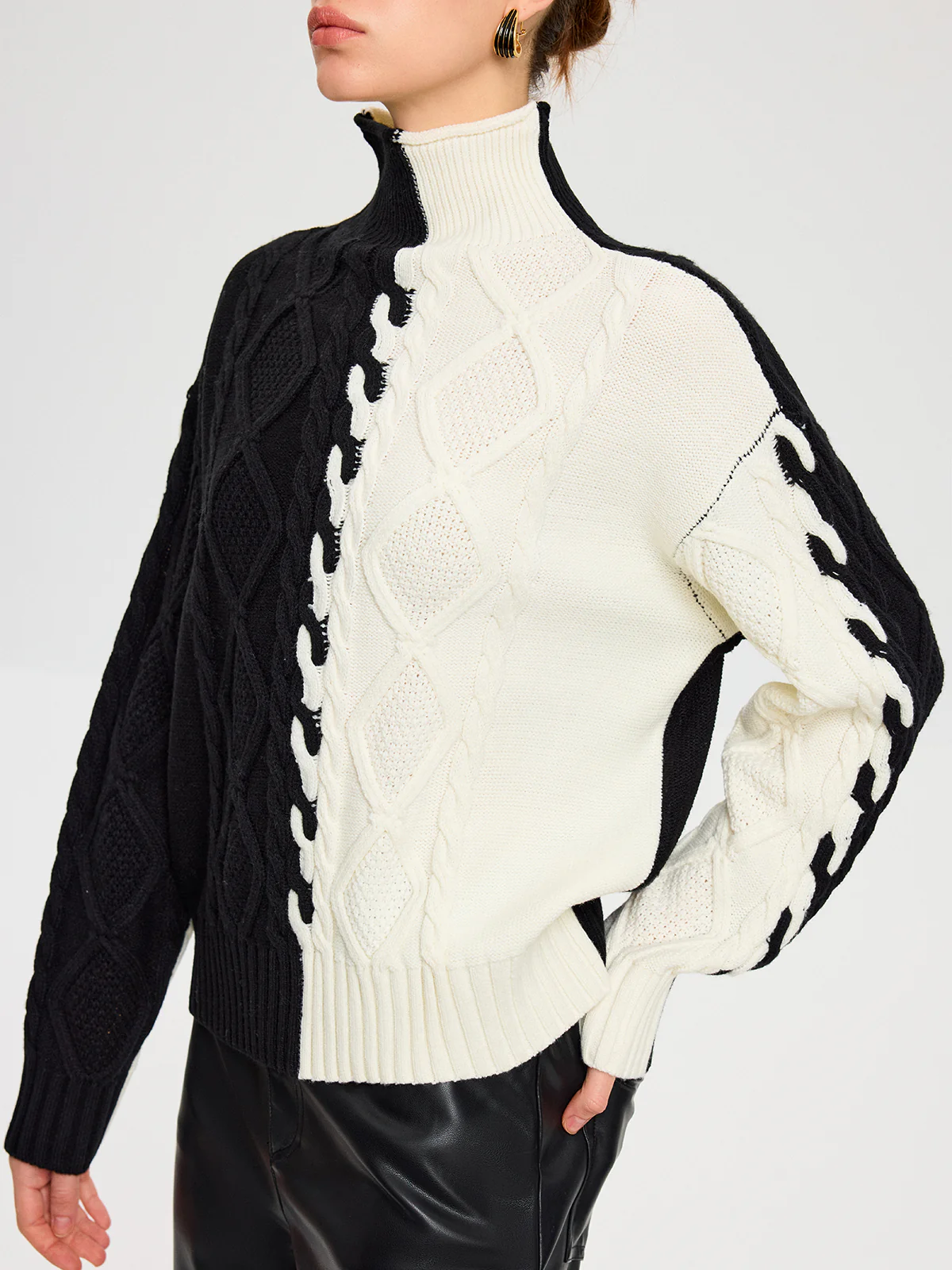 Color-Block Cable Knit Turtleneck Sweater - Image 5