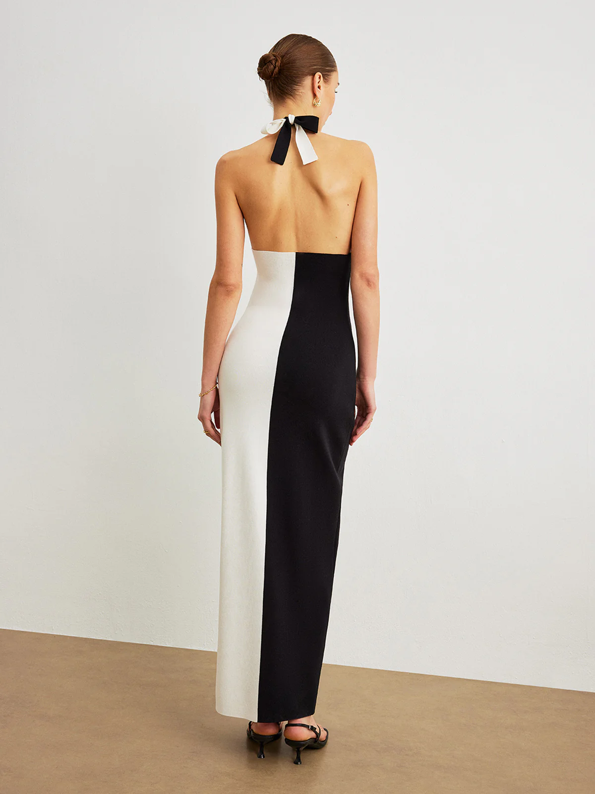 Color Block Halter Knotted Backless Long Dress - Image 6