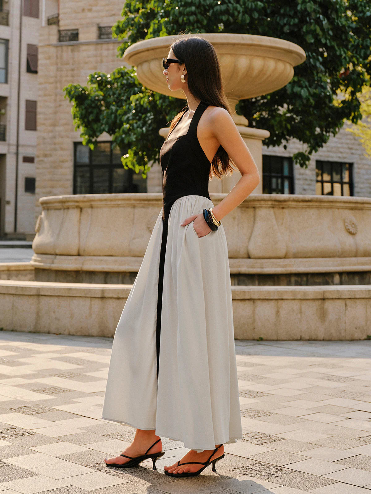 Color Block Halter Neck Linen Blend Dress - Image 11