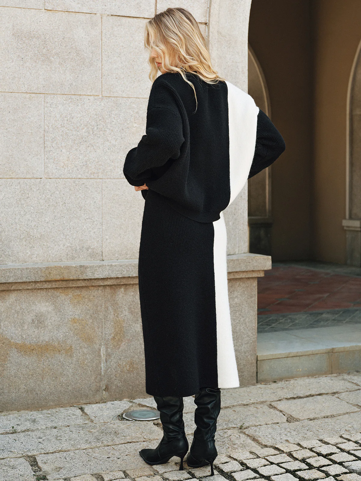 Color-Block Knit Sweater and Midi Skirt Set - Image 6