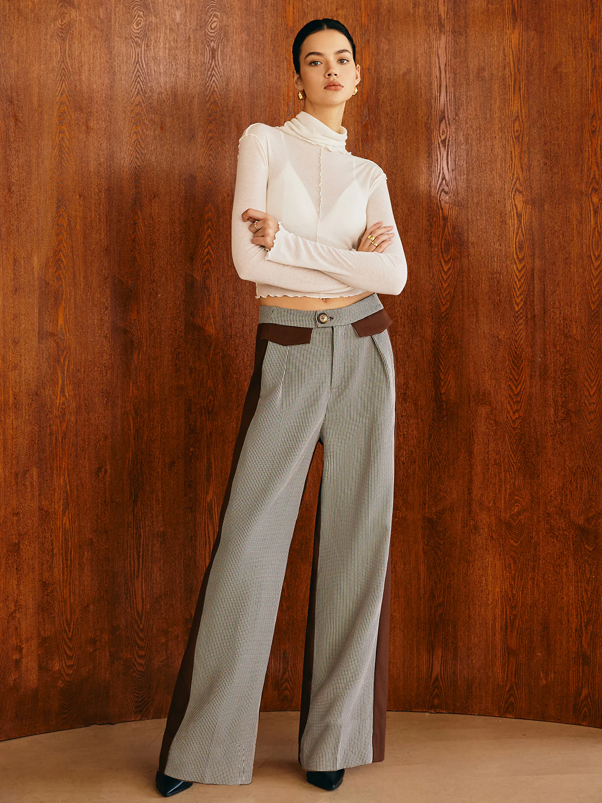 Color Block Plaid Straight Pants - Image 3