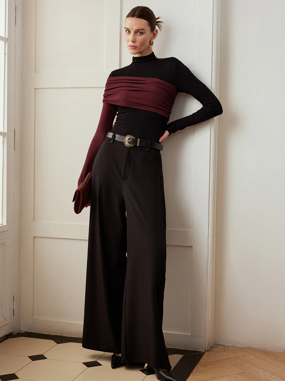 Color Block Pleated Jersey Slim Top - Image 5