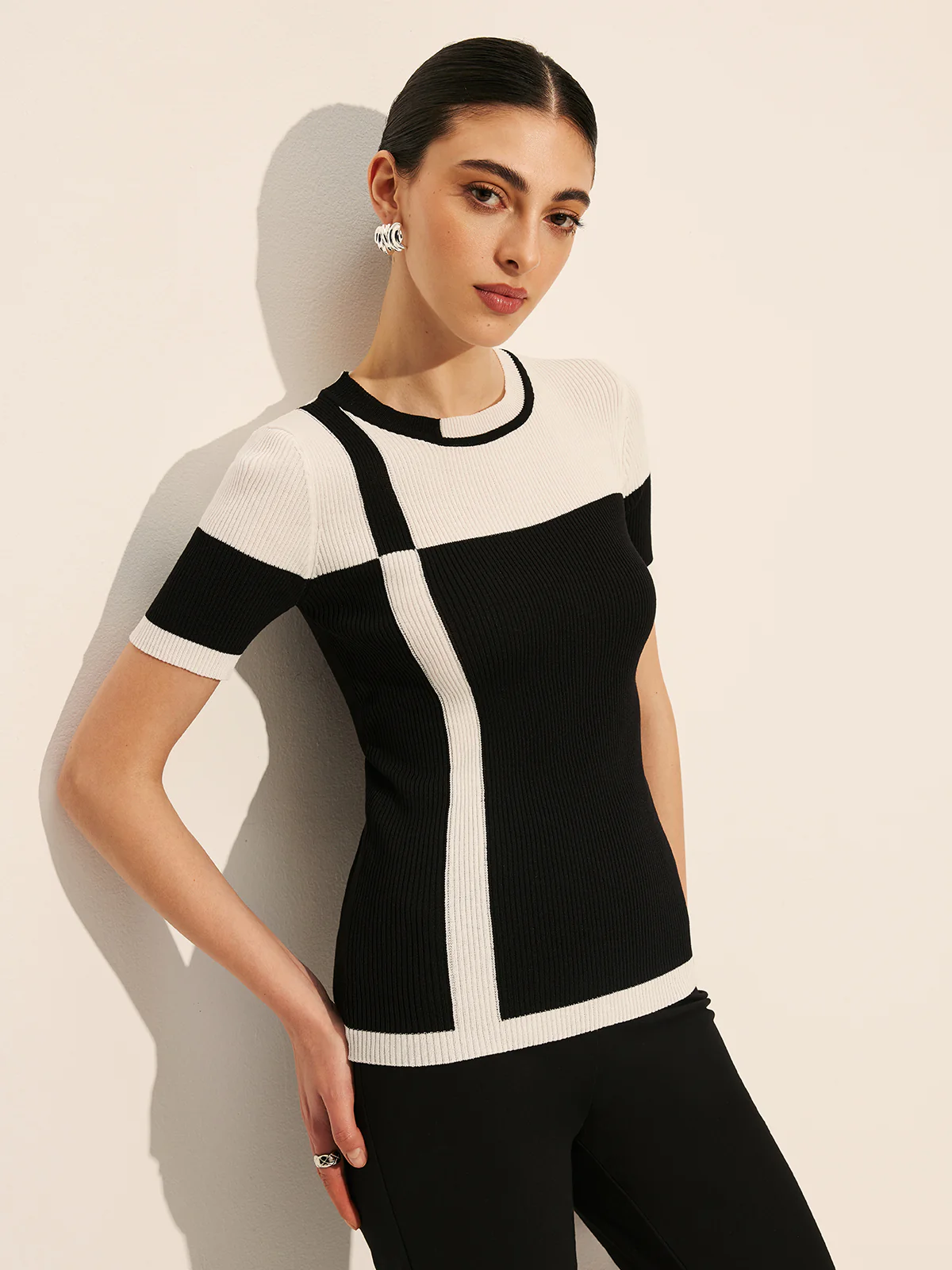 Color Block Ribbed Knit Top - Image 2