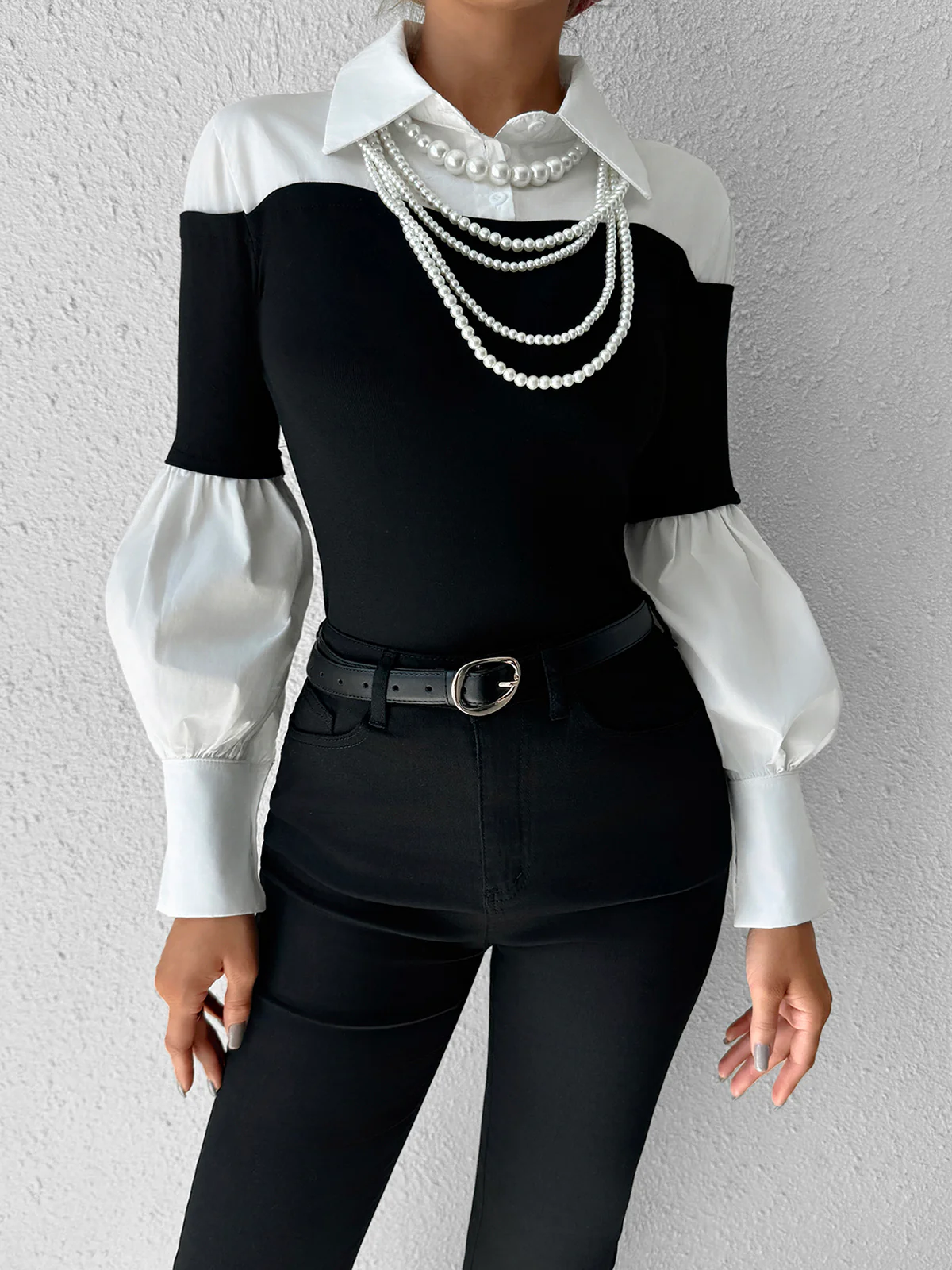 Color Block Skinny Lapel Top - Image 4