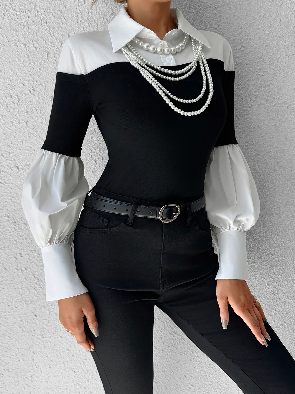 Color Block Skinny Lapel Top - Image 5