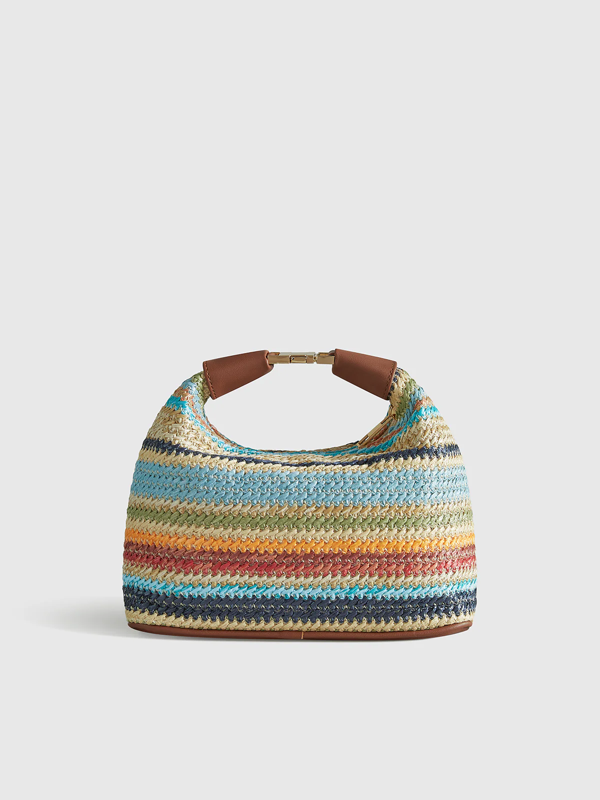 Color-Block Striped Straw Handbag with Leather Strap - Image 2