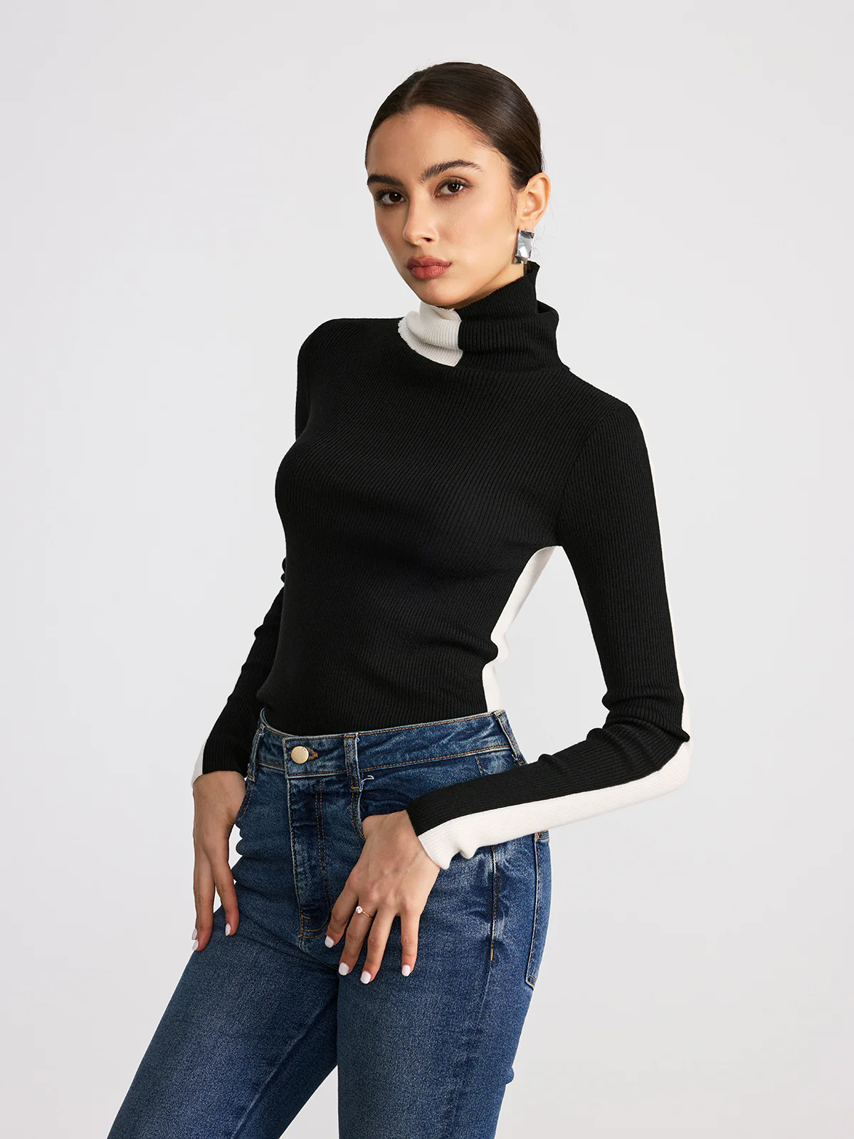 Color-Block Turtleneck Ribbed Knit Top - Image 5