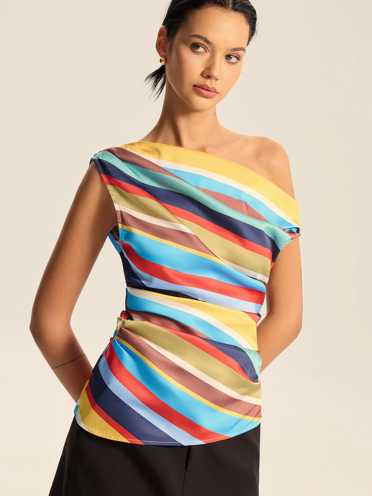 Colorful Striped One-Shoulder Top - Image 2