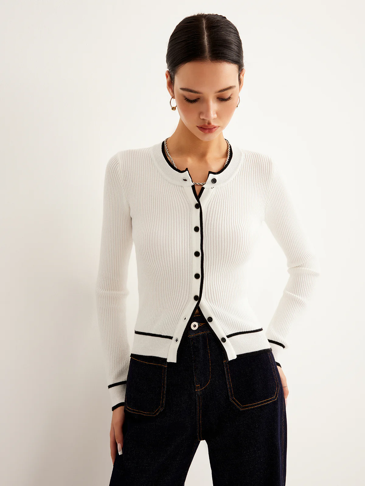 Contrast Binding Ribbed Button Cardigan - Image 2
