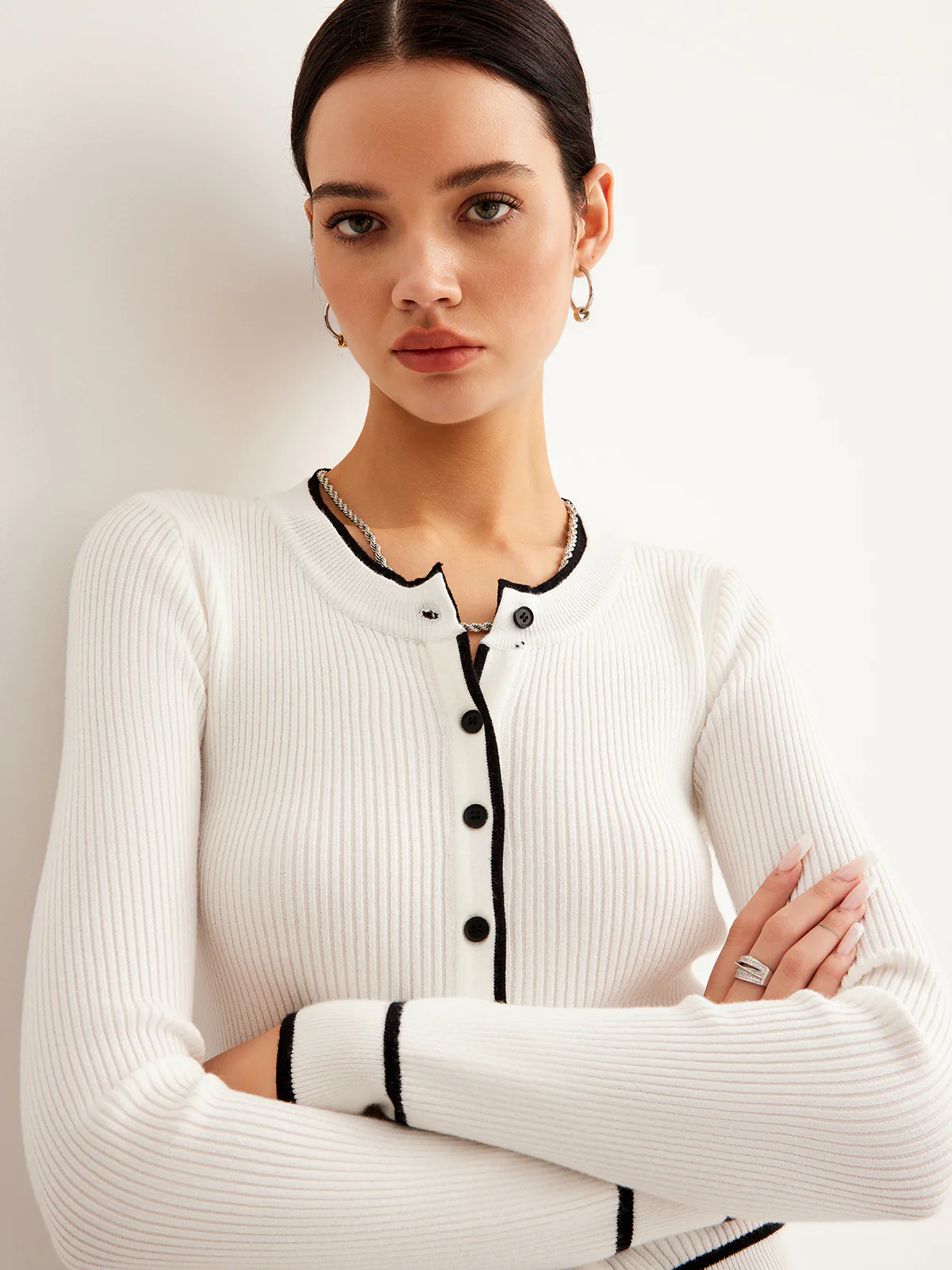 Contrast Binding Ribbed Button Cardigan - Image 3