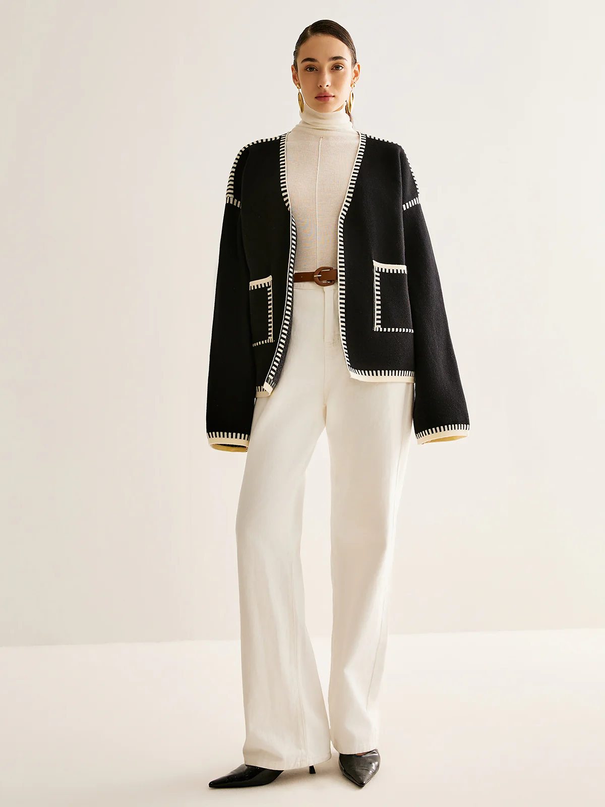 Contrast Binding Split Cardigan With Belt - Image 2
