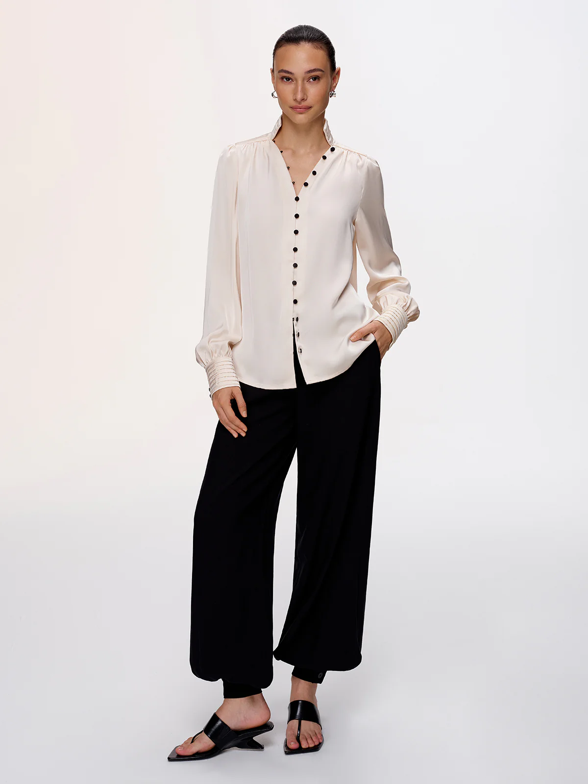 Contrast Button Satin Stand-Collar Blouse - Image 2