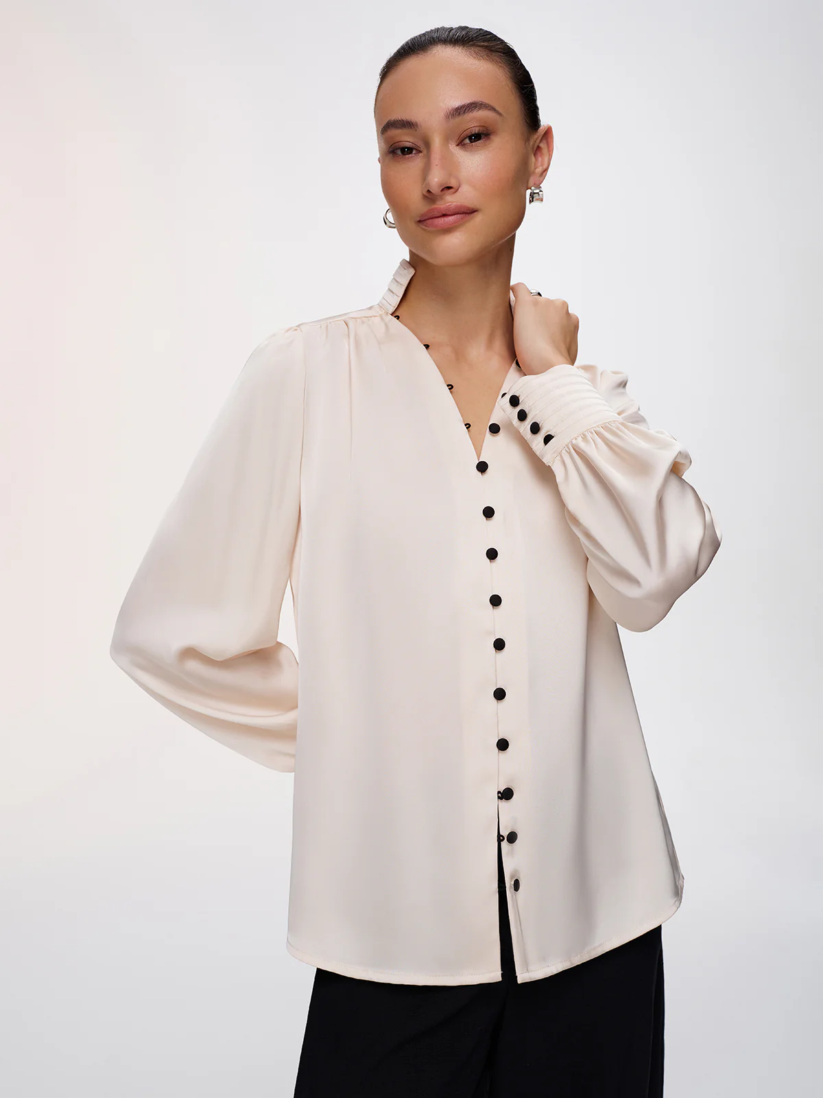 Contrast Button Satin Stand-Collar Blouse - Image 3