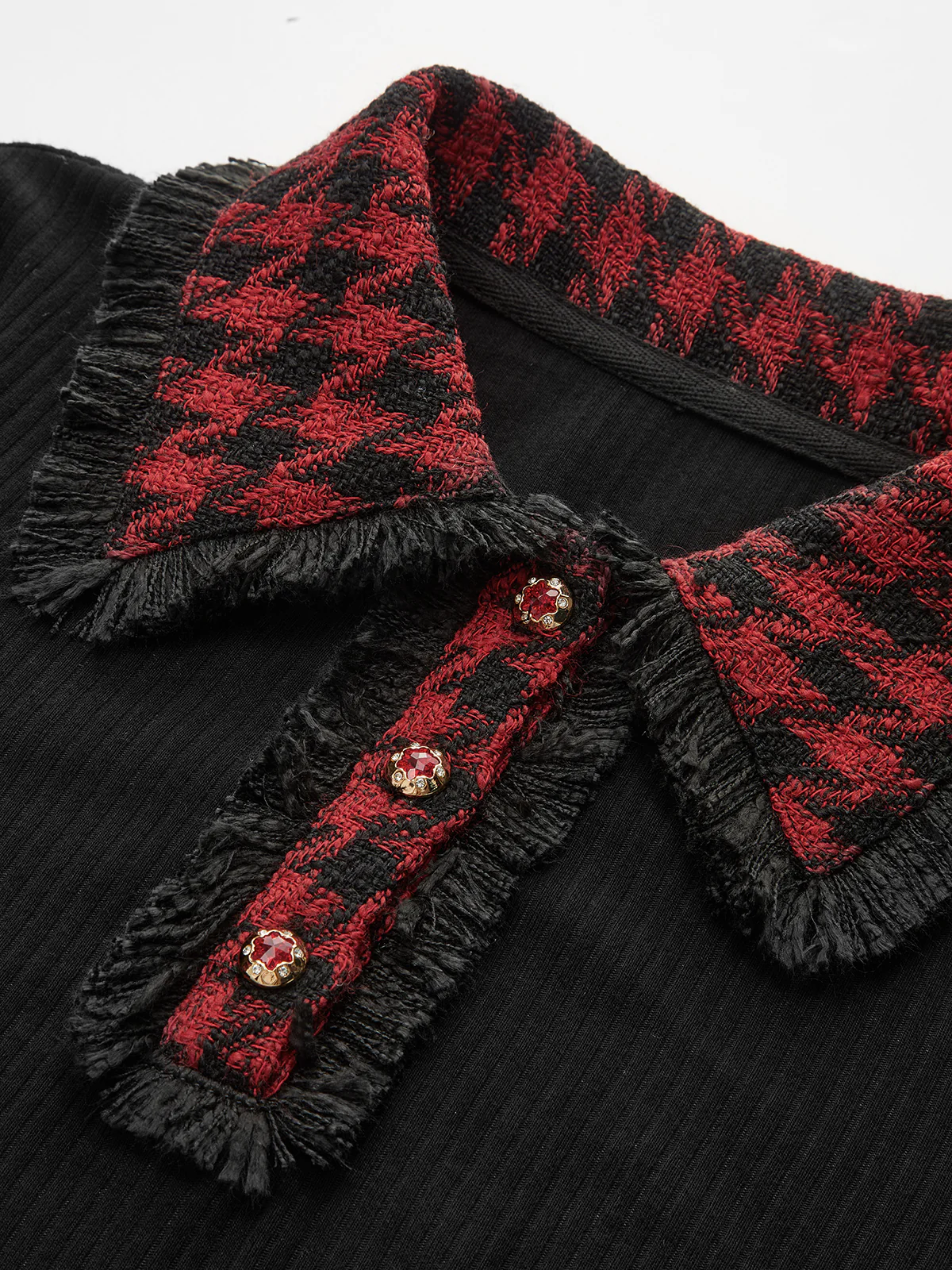Contrast Checkered Collar Ribbed Knit Top - Image 4