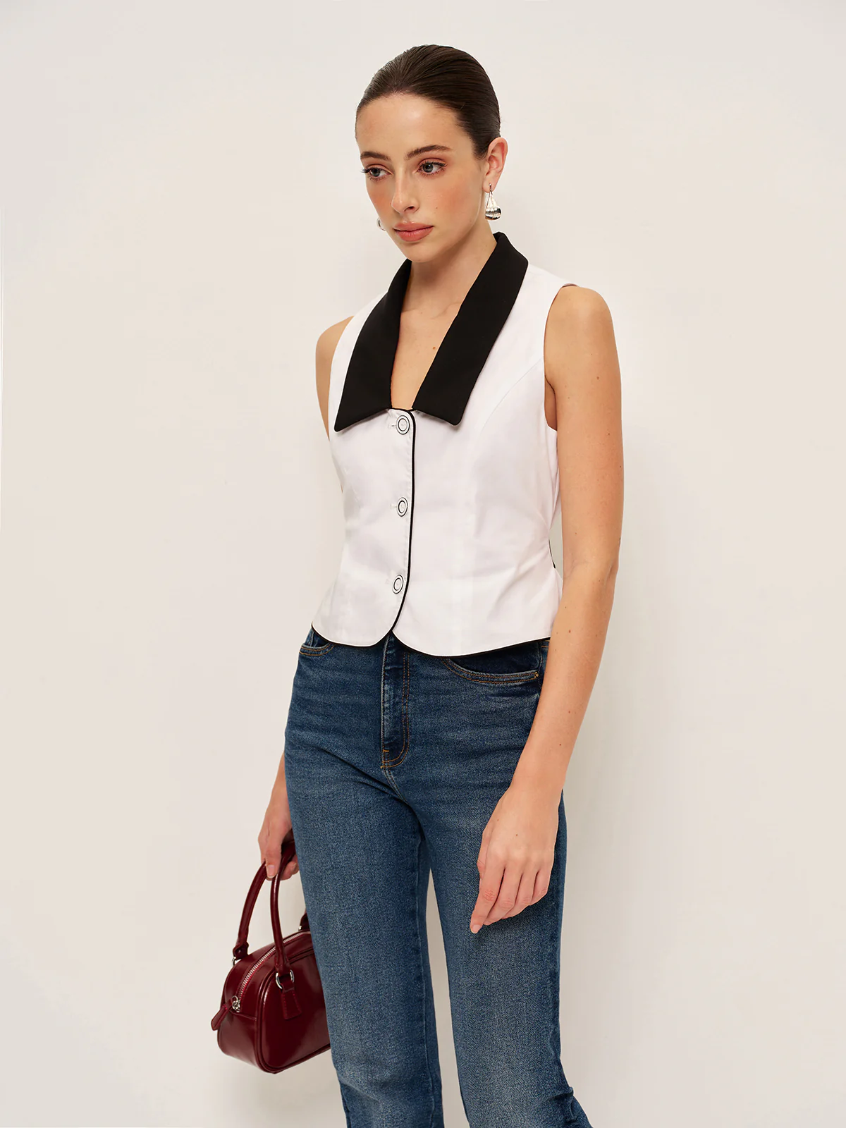 Contrast Collar Button-Up Vest With Back Bow - Image 4