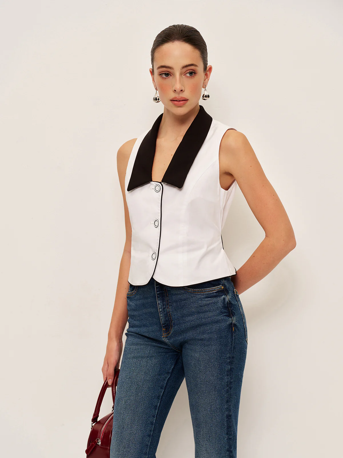 Contrast Collar Button-Up Vest With Back Bow - Image 5