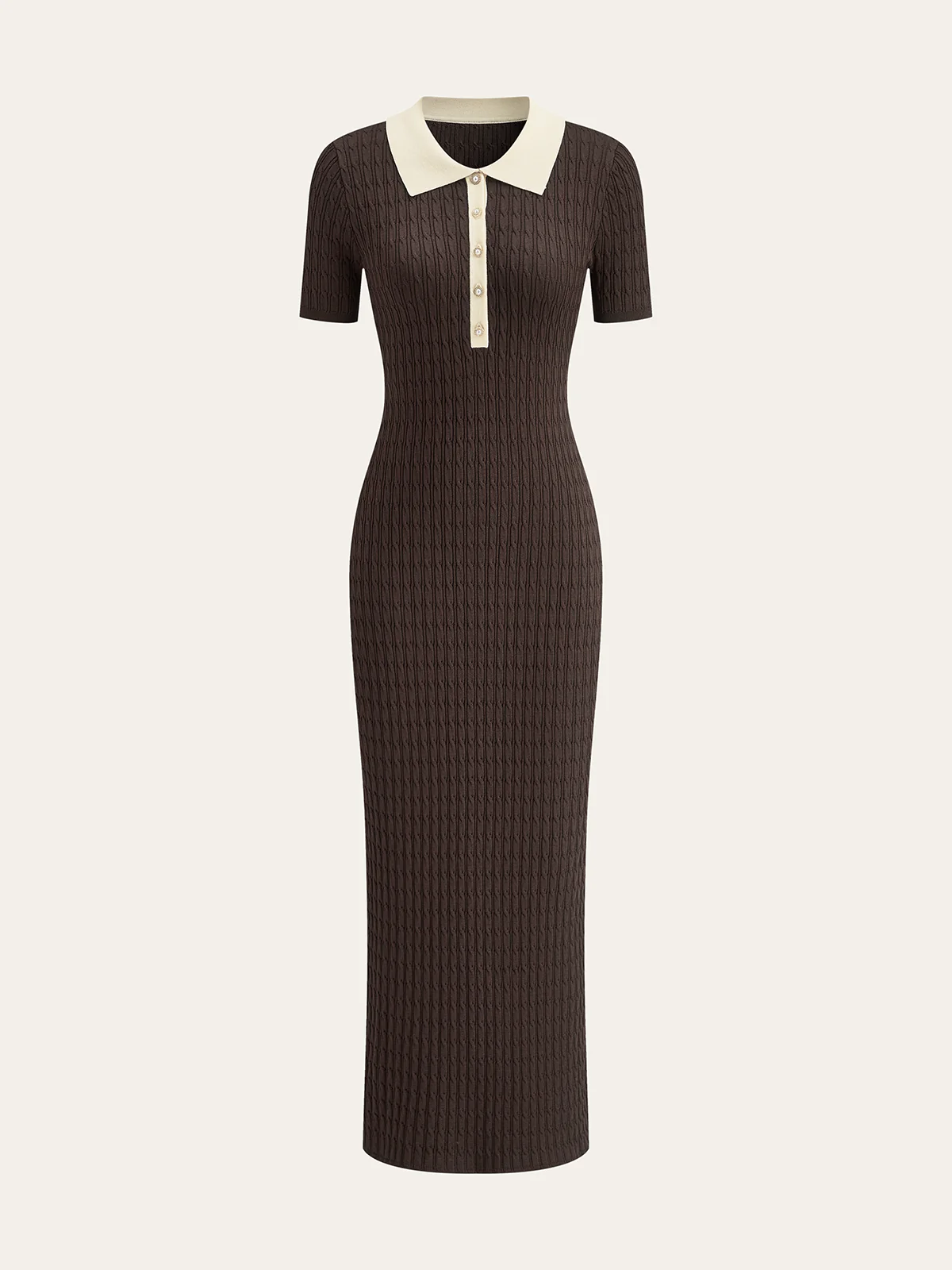 Contrast Collar Cable-Knit Midi Dress