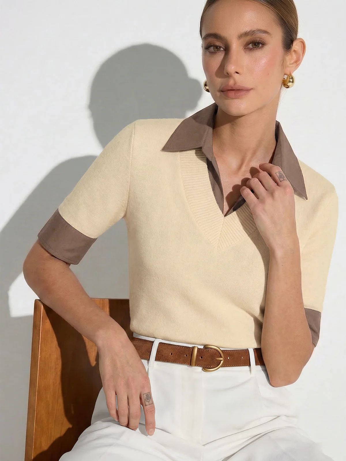 Contrast Collar Elbow Sleeve Knit Top - Image 8