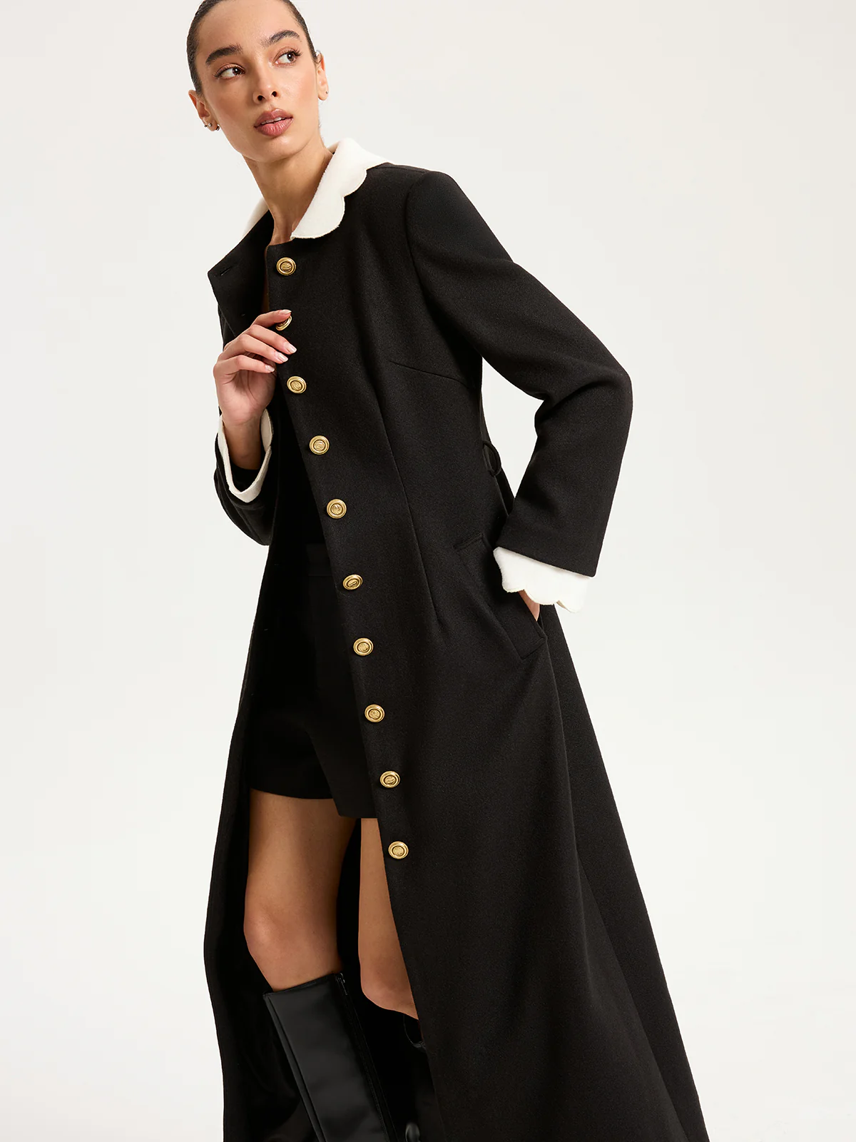 Contrast Collar Metal Button Longline Coat - Image 2