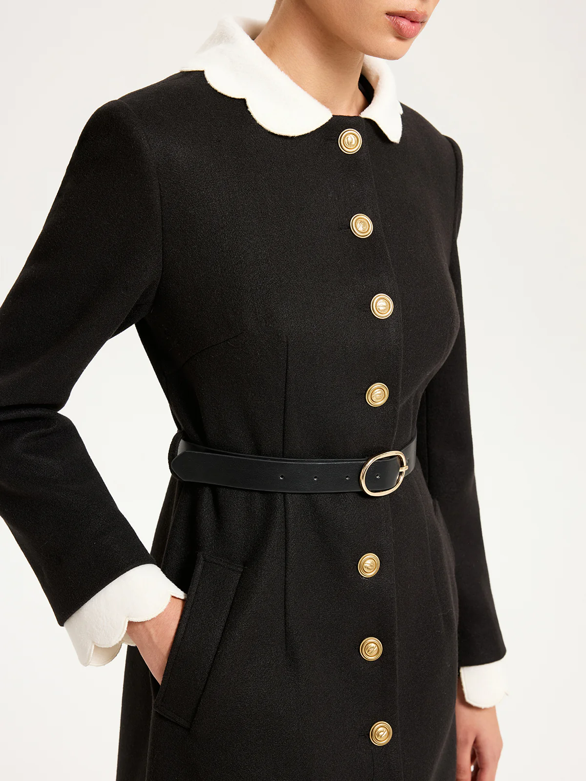 Contrast Collar Metal Button Longline Coat - Image 4