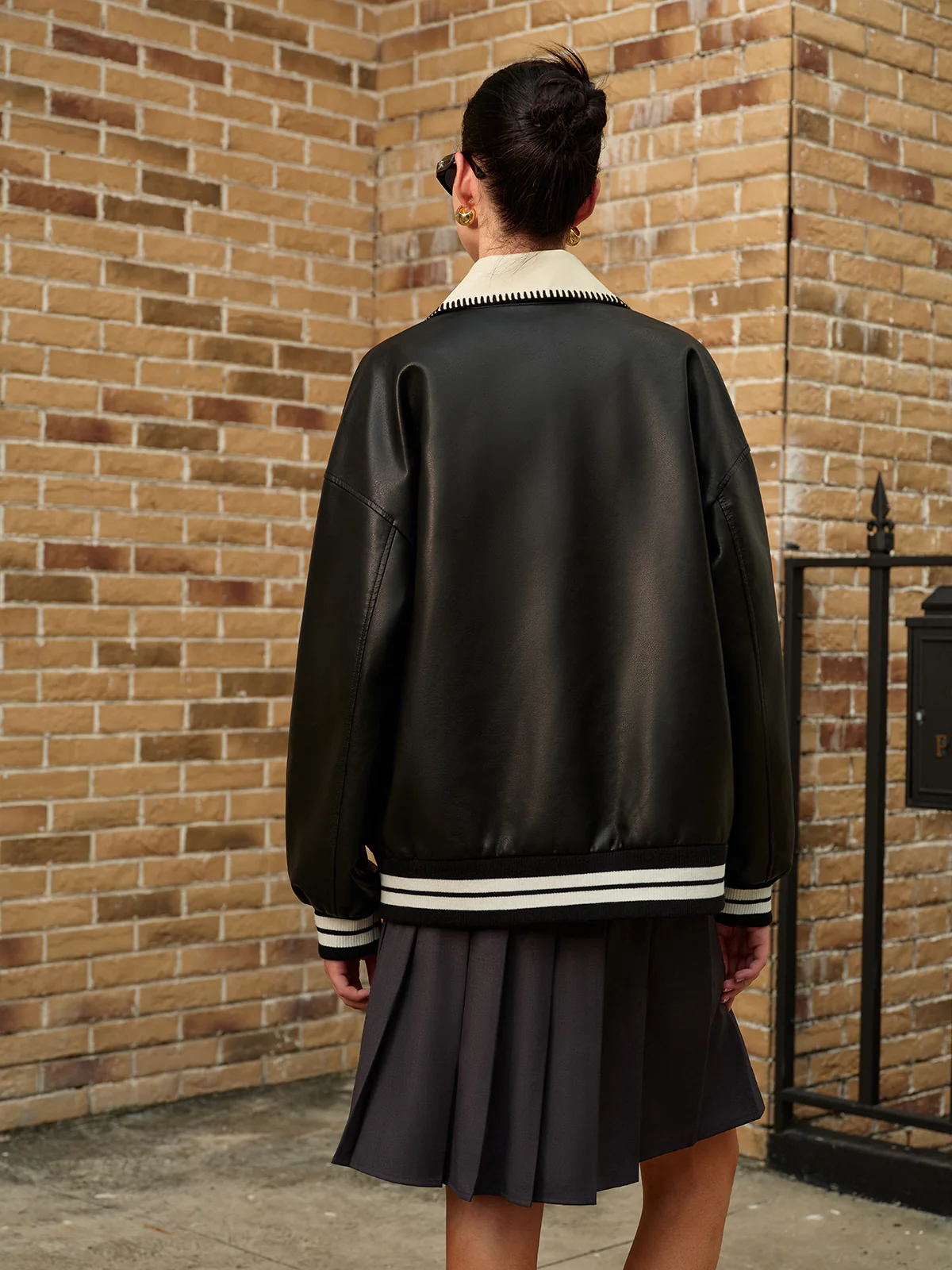 Contrast Collar PU Leather Bomber Jacket - Image 4