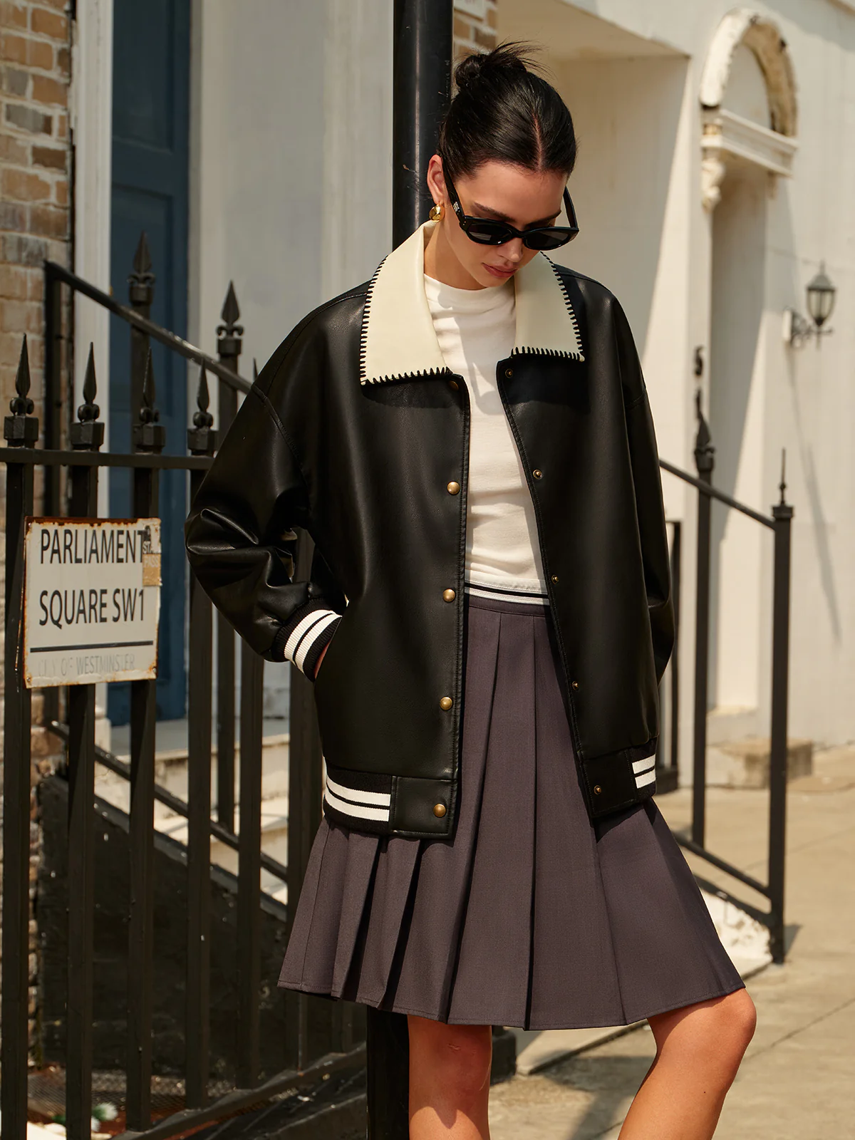 Contrast Collar PU Leather Bomber Jacket - Image 5