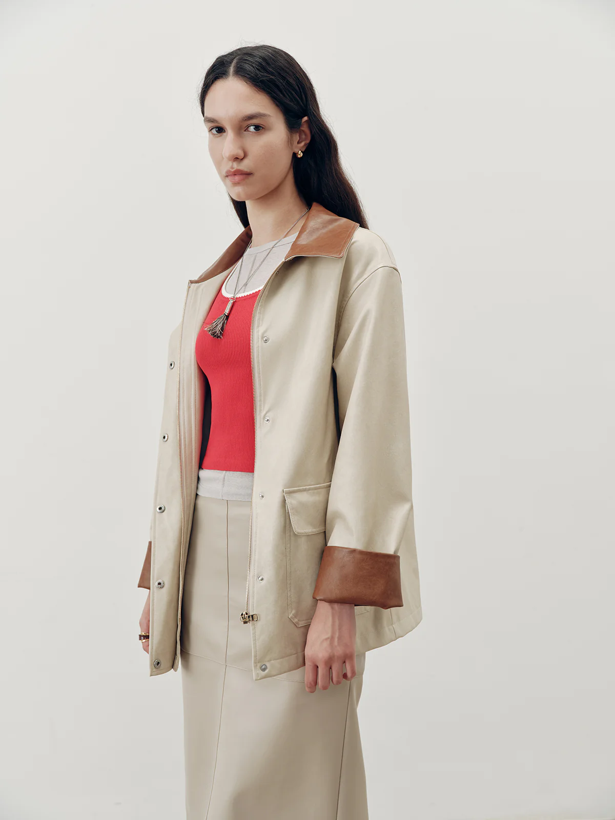 Contrast Collar PU Leather Jacket - Image 4