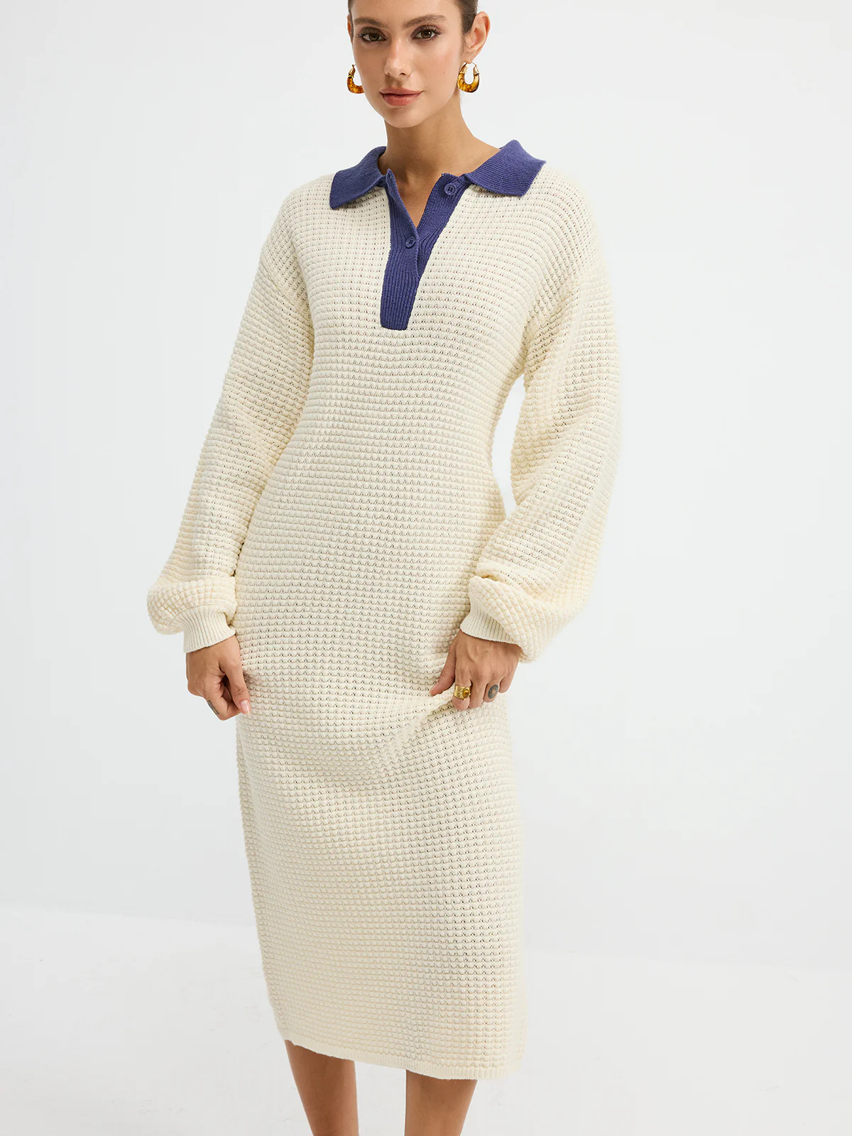 Contrast Collar Waffle-Knit Maxi Dress - Image 3