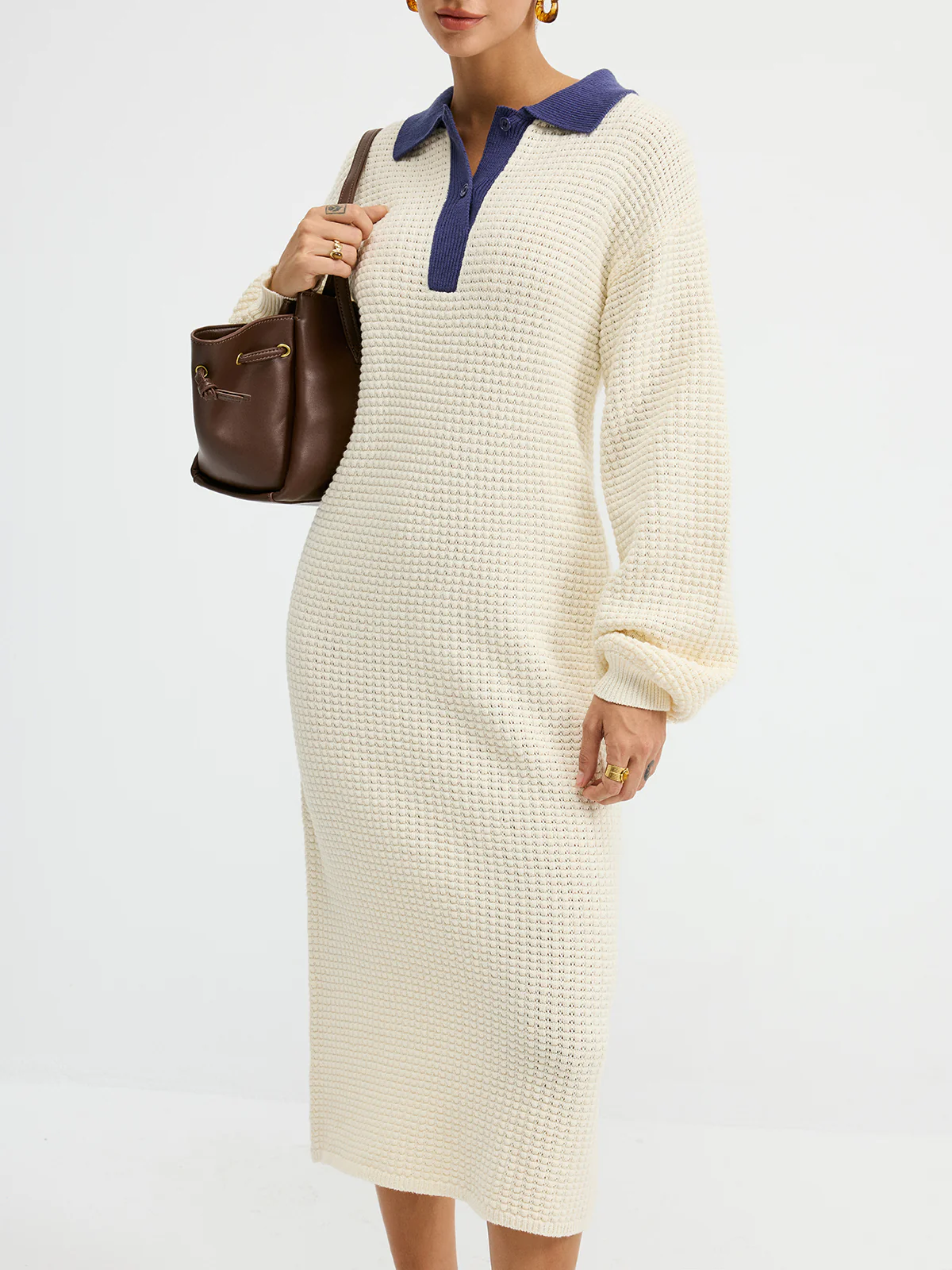 Contrast Collar Waffle-Knit Maxi Dress - Image 5