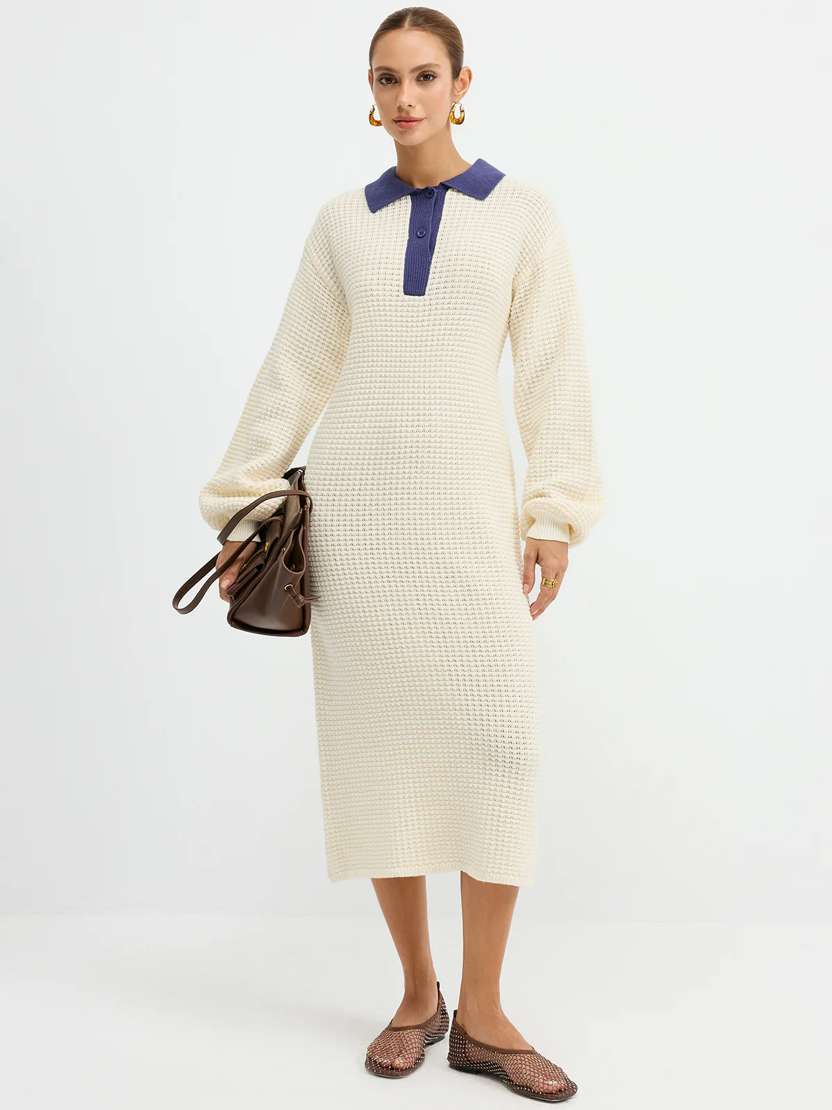 Contrast Collar Waffle-Knit Maxi Dress - Image 6