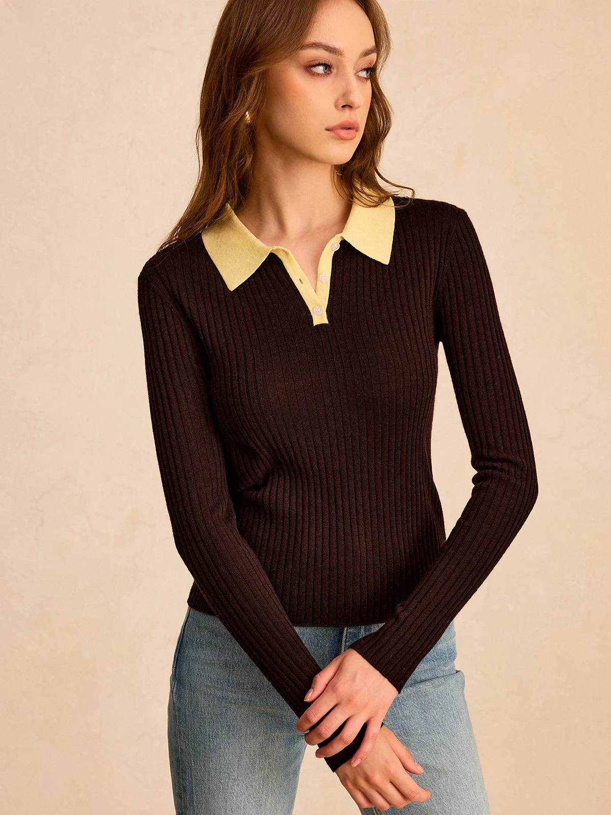 Contrast Collar Wool Blend Polo Knit Top - Image 3