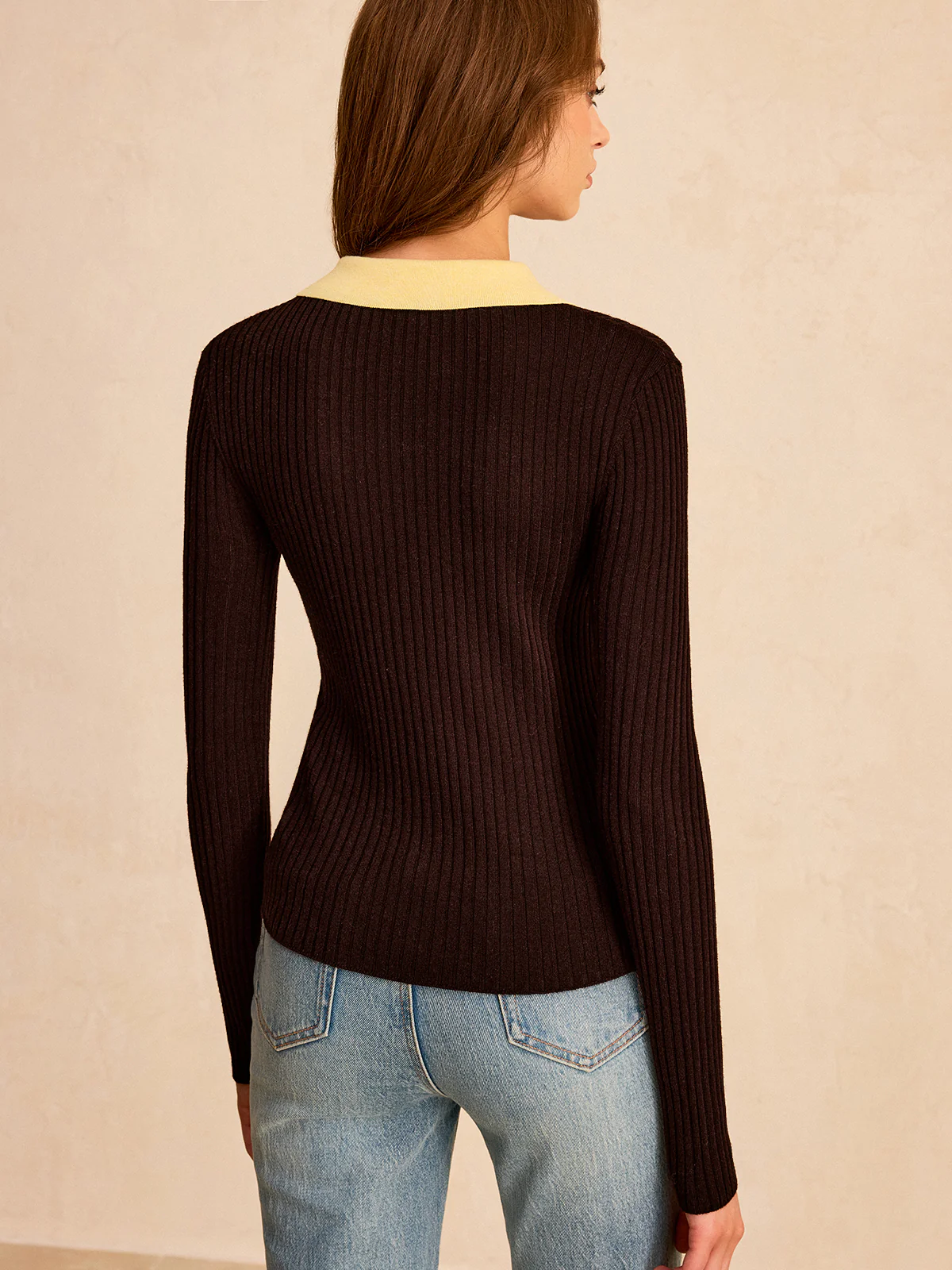 Contrast Collar Wool Blend Polo Knit Top - Image 7