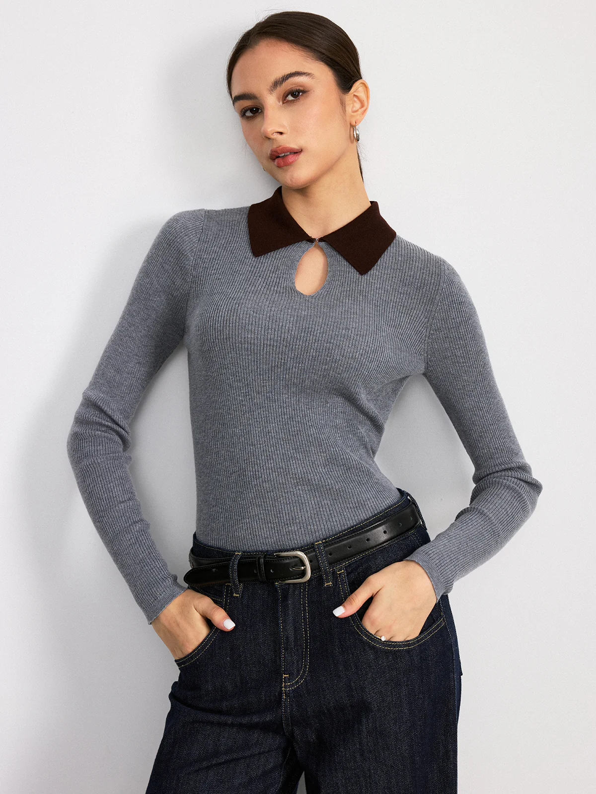 Contrast Collar Wool Blend Ribbed Knit Top - Image 5