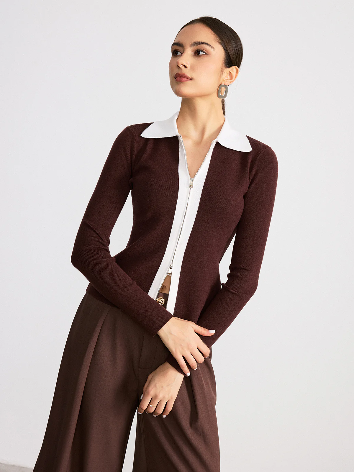 Contrast Collar Wool Blend Zip-Up Cardigan - Image 3