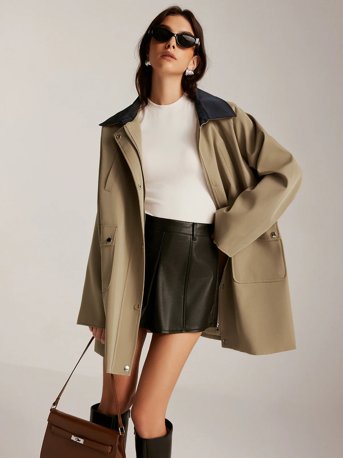 Contrast-Collar Zipper Oversized Trench Coat - Image 6