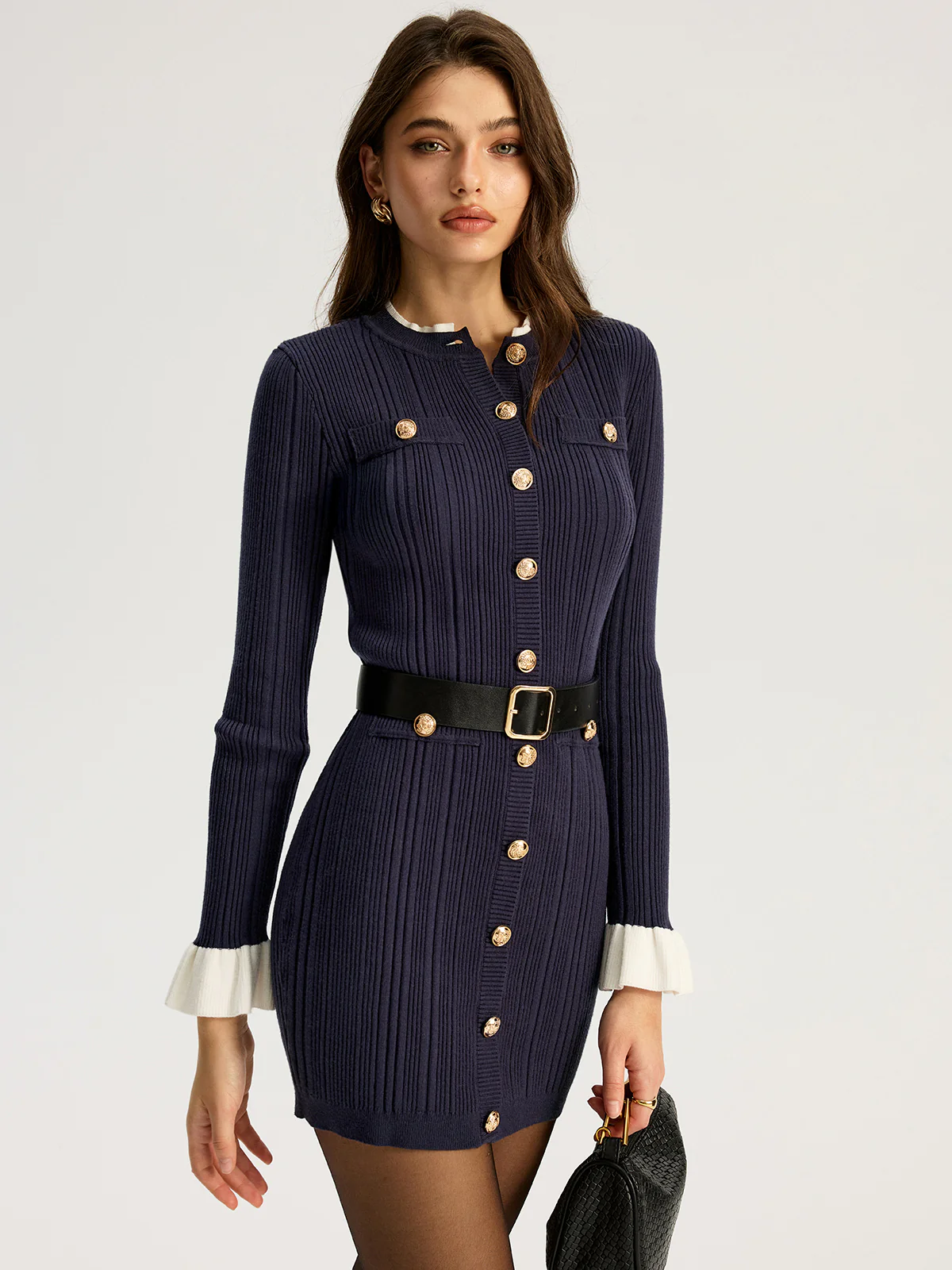Contrast Cuff Metal Button Belted Mini Dress - Image 3
