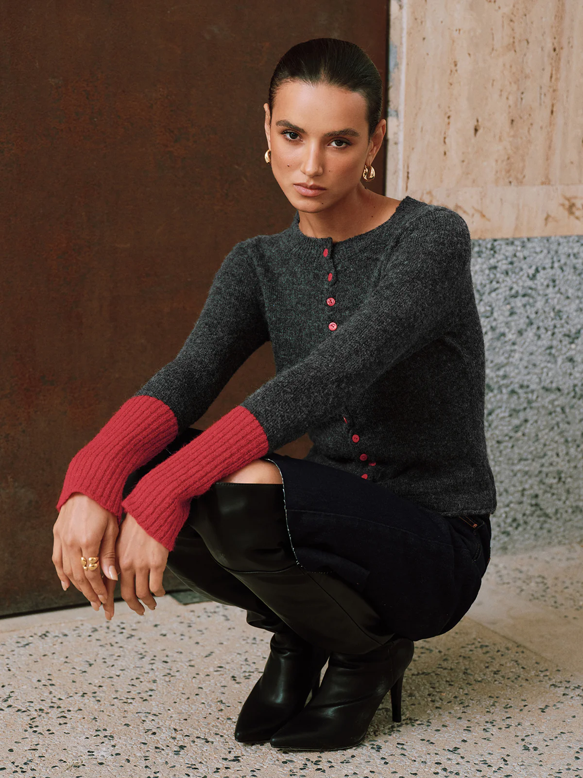Contrast Cuff Wool-Blend Cardigan - Image 5