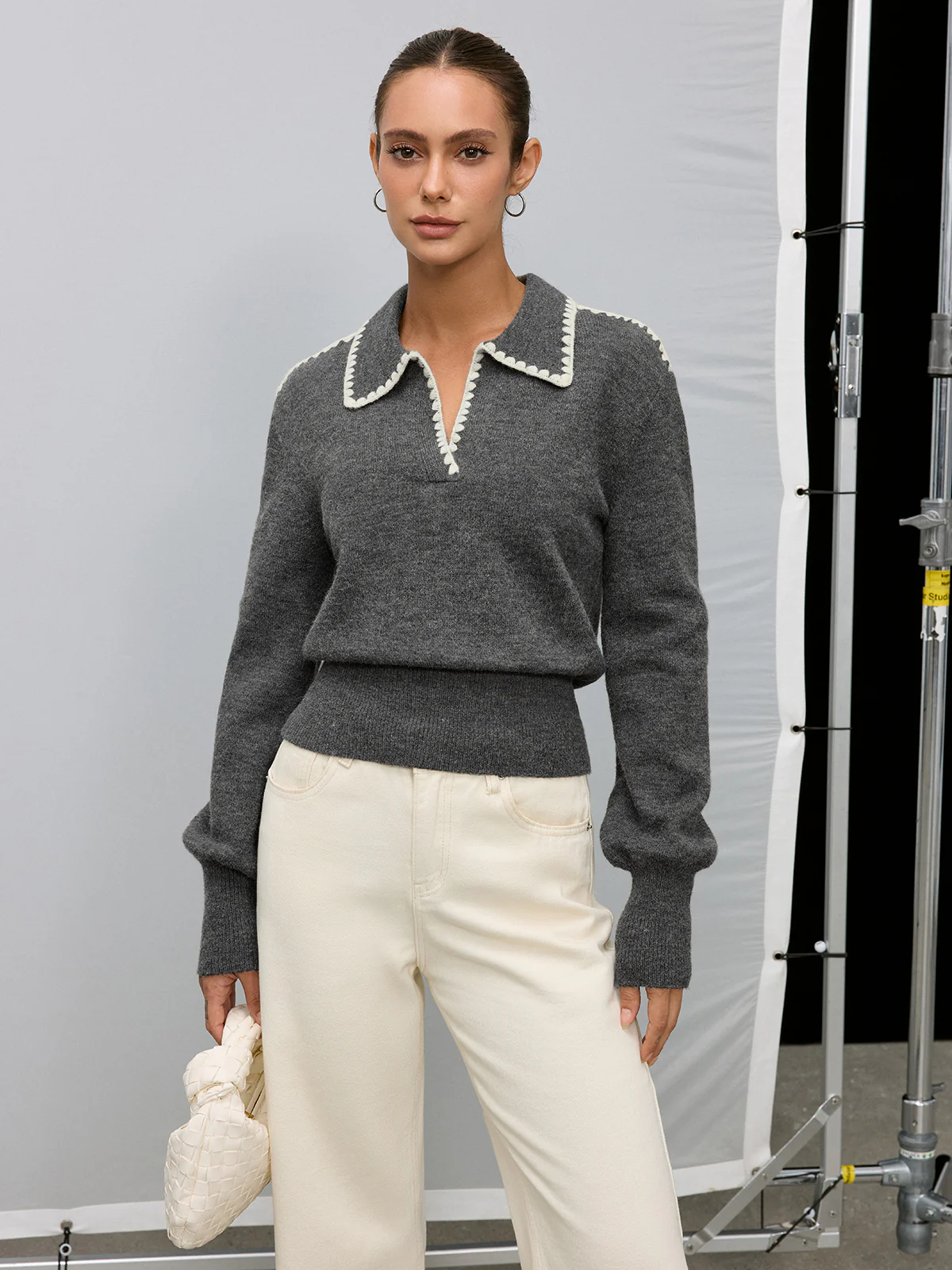 Contrast Embroidered Trim Polo Sweater - Image 2