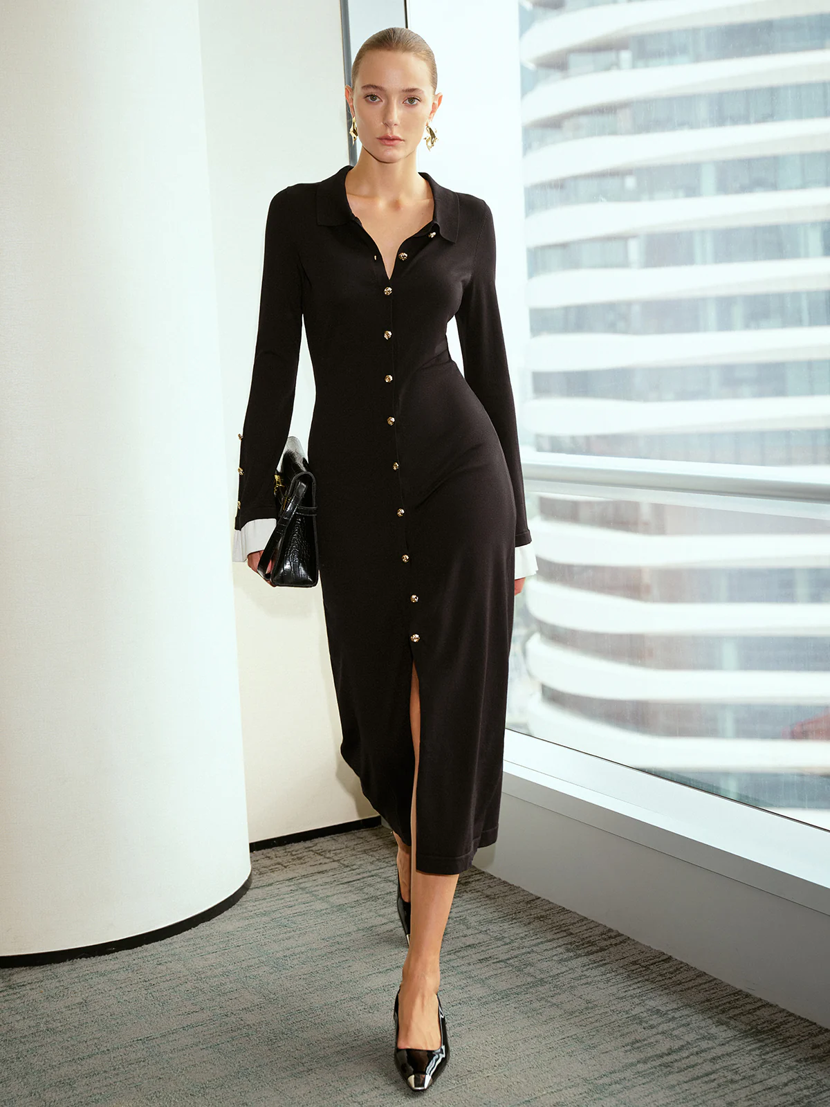 Contrast Flared Cuff Metal Button Shirt Dress - Image 3
