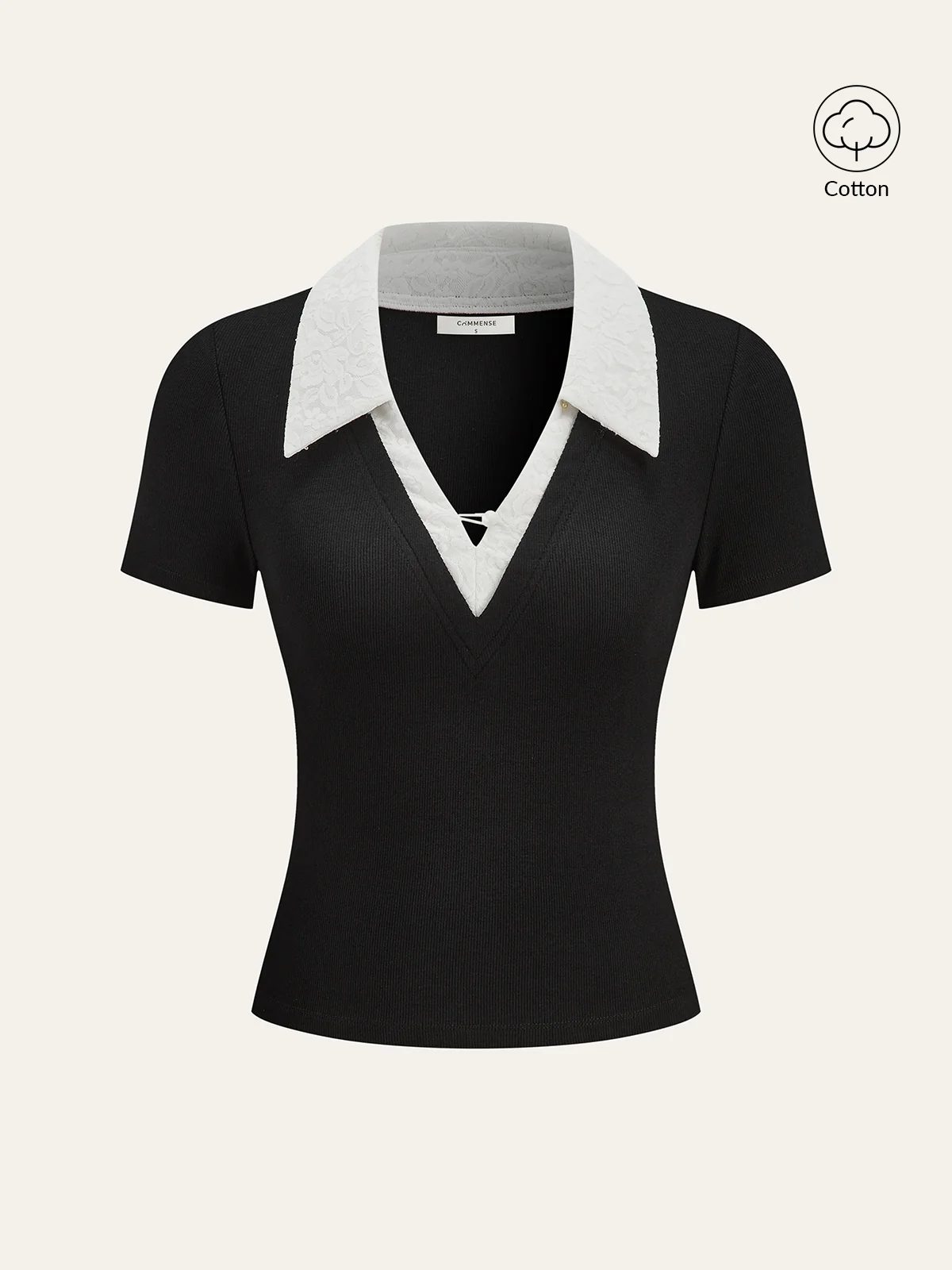 Contrast Lace Collar Cotton Blend T-Shirt